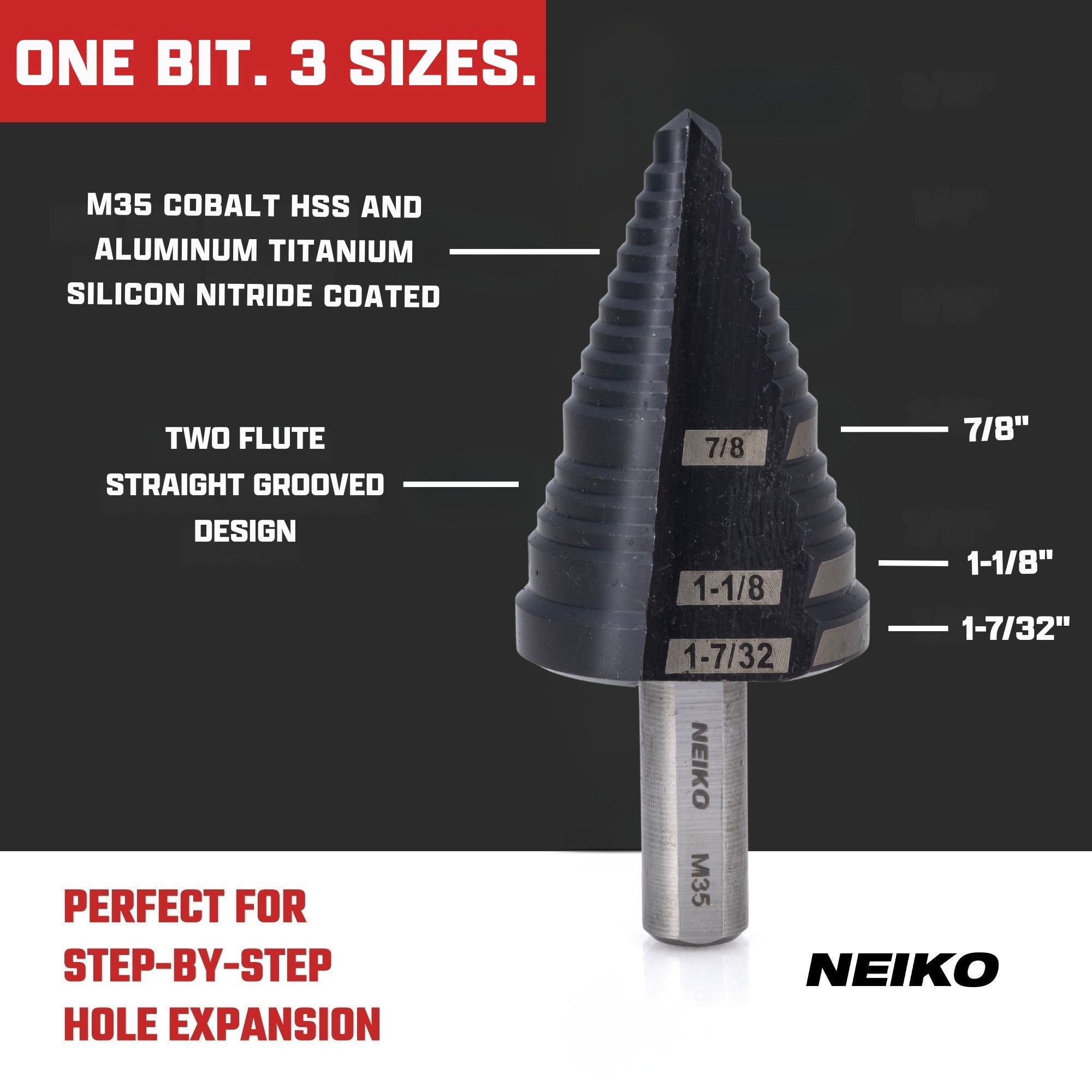 NEIKO 10634B Step Drill Bit, 3 Steps 7/8" to 1-7/32" Straight M35 Cobalt, AlTiSiN Coated, 3/8" Tri-Flat Step Bits for Steel, Metal, Wood, Plastic, Unibit Cone Drill Bits, Two Flute