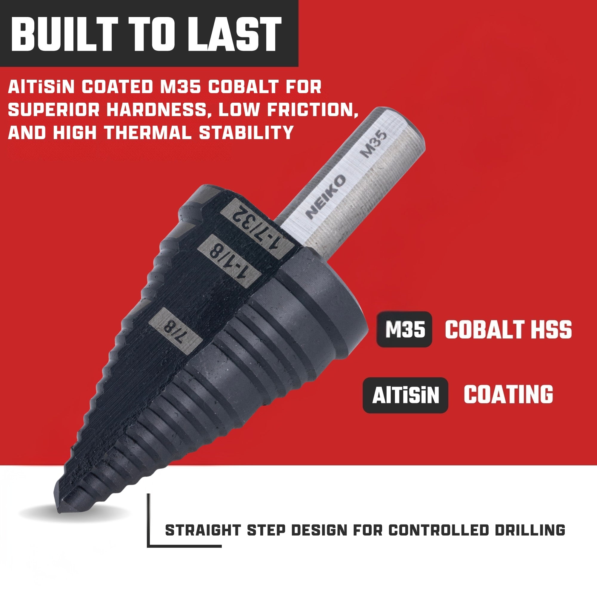 NEIKO 10634B Step Drill Bit, 3 Steps 7/8" to 1-7/32" Straight M35 Cobalt, AlTiSiN Coated, 3/8" Tri-Flat Step Bits for Steel, Metal, Wood, Plastic, Unibit Cone Drill Bits, Two Flute