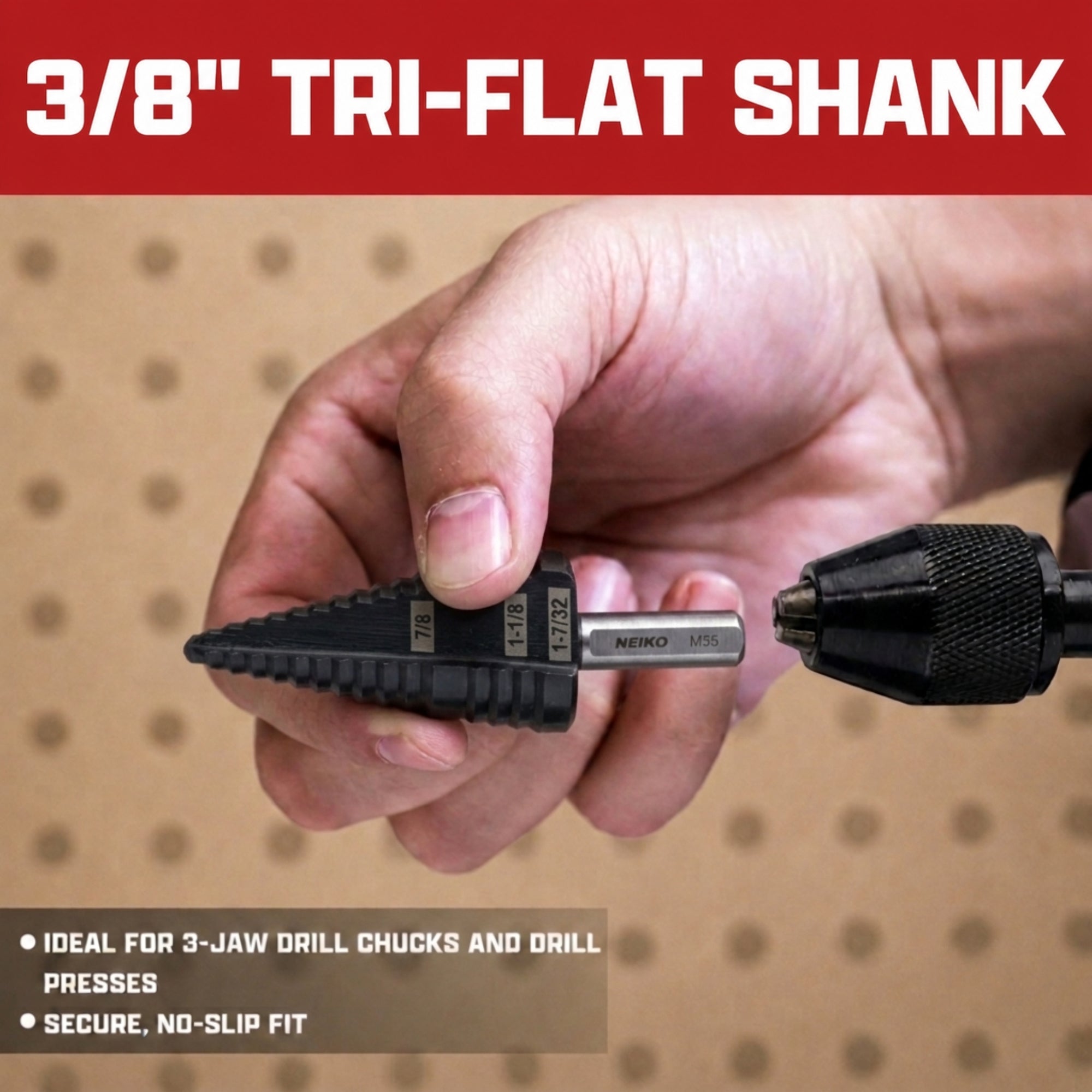 NEIKO 10634B Step Drill Bit, 3 Steps 7/8" to 1-7/32" Straight M35 Cobalt, AlTiSiN Coated, 3/8" Tri-Flat Step Bits for Steel, Metal, Wood, Plastic, Unibit Cone Drill Bits, Two Flute