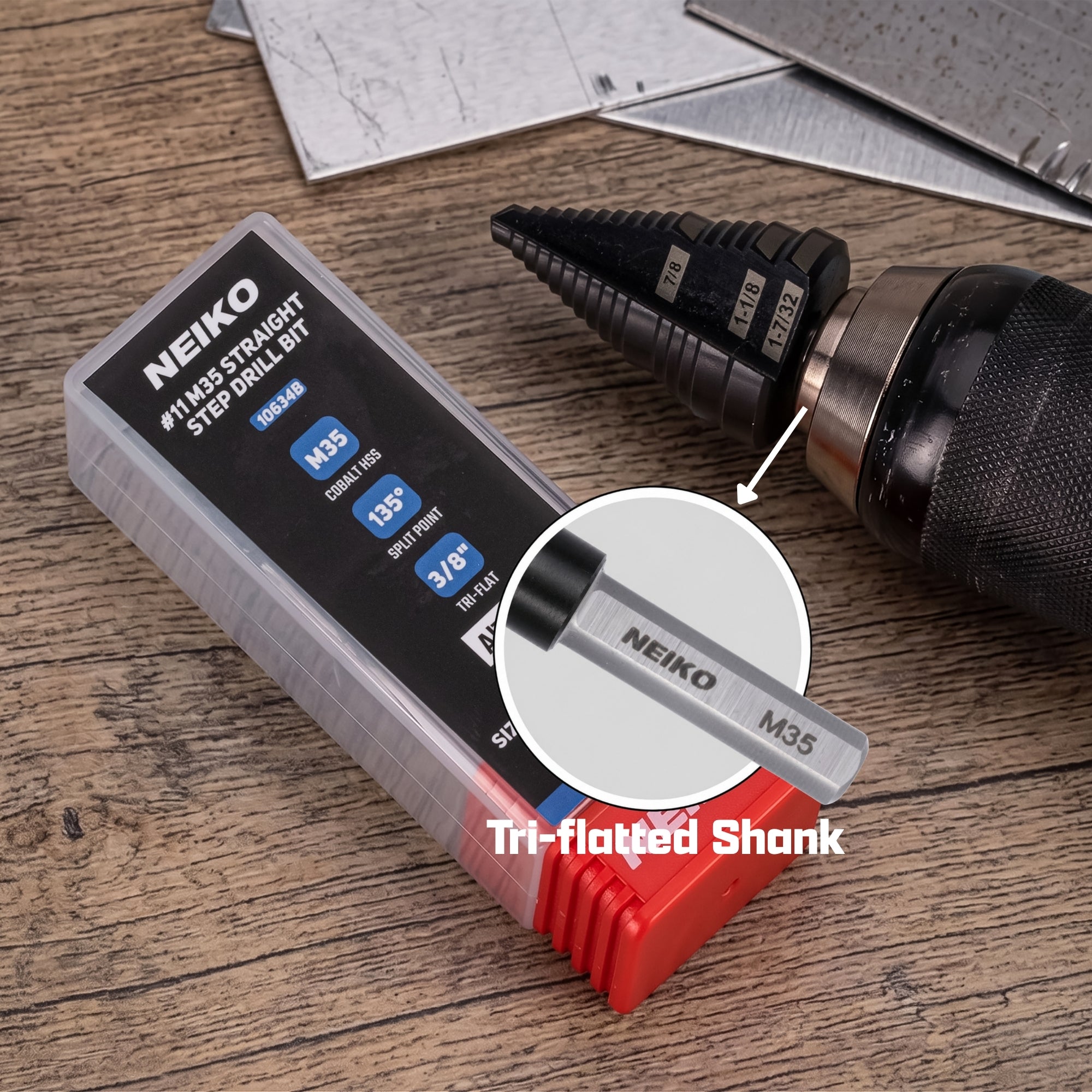 NEIKO 10634B Step Drill Bit, 3 Steps 7/8" to 1-7/32" Straight M35 Cobalt, AlTiSiN Coated, 3/8" Tri-Flat Step Bits for Steel, Metal, Wood, Plastic, Unibit Cone Drill Bits, Two Flute