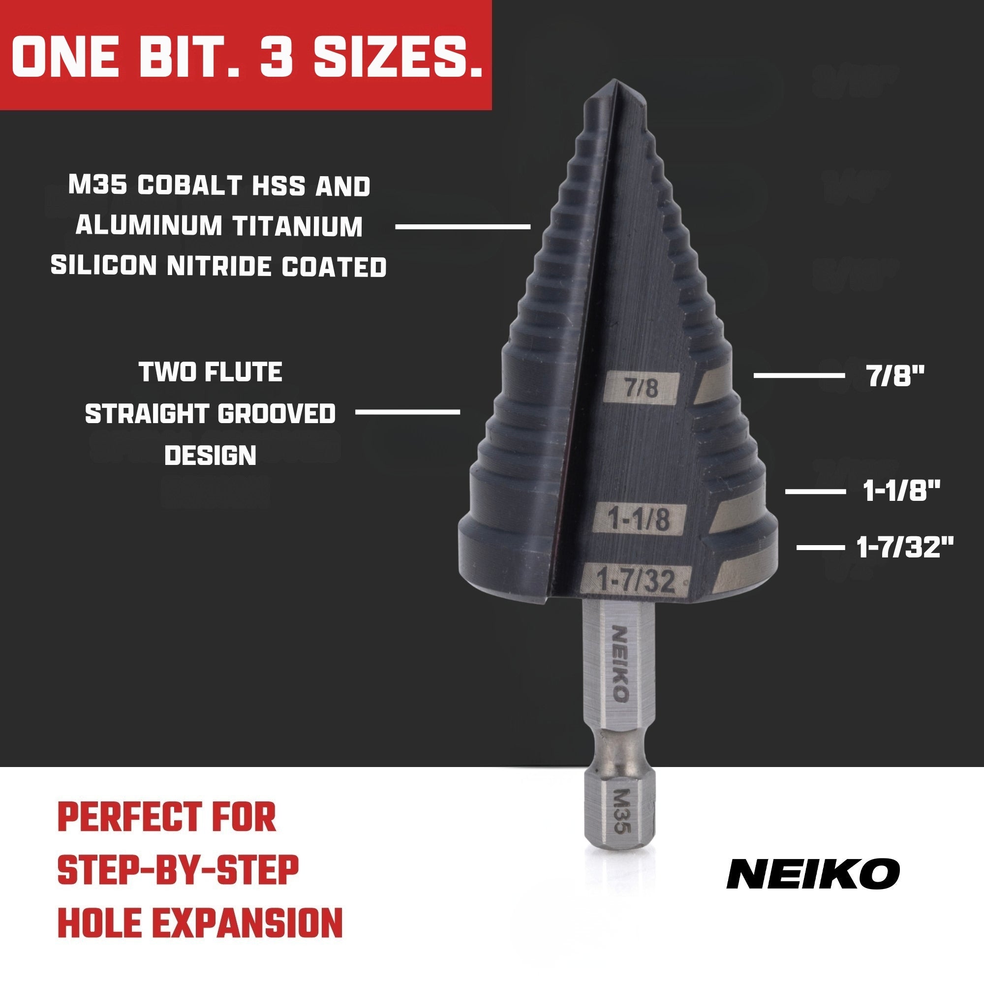 NEIKO 10636B Step Drill Bit, 3 Steps 7/8" to 1-7/32" Straight M35 Cobalt, AlTiSiN Coated, 1/4" Quick Change Step Bits for Steel, Metal, Wood, Plastic, Unibit Cone Drill Bits, Two Flute