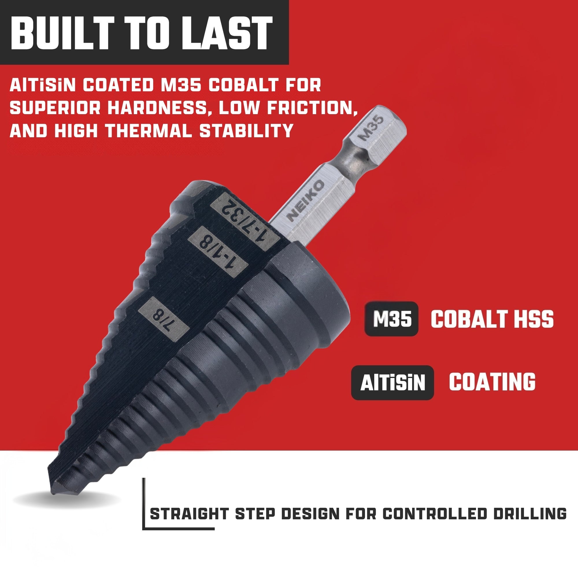 NEIKO 10636B Step Drill Bit, 3 Steps 7/8" to 1-7/32" Straight M35 Cobalt, AlTiSiN Coated, 1/4" Quick Change Step Bits for Steel, Metal, Wood, Plastic, Unibit Cone Drill Bits, Two Flute