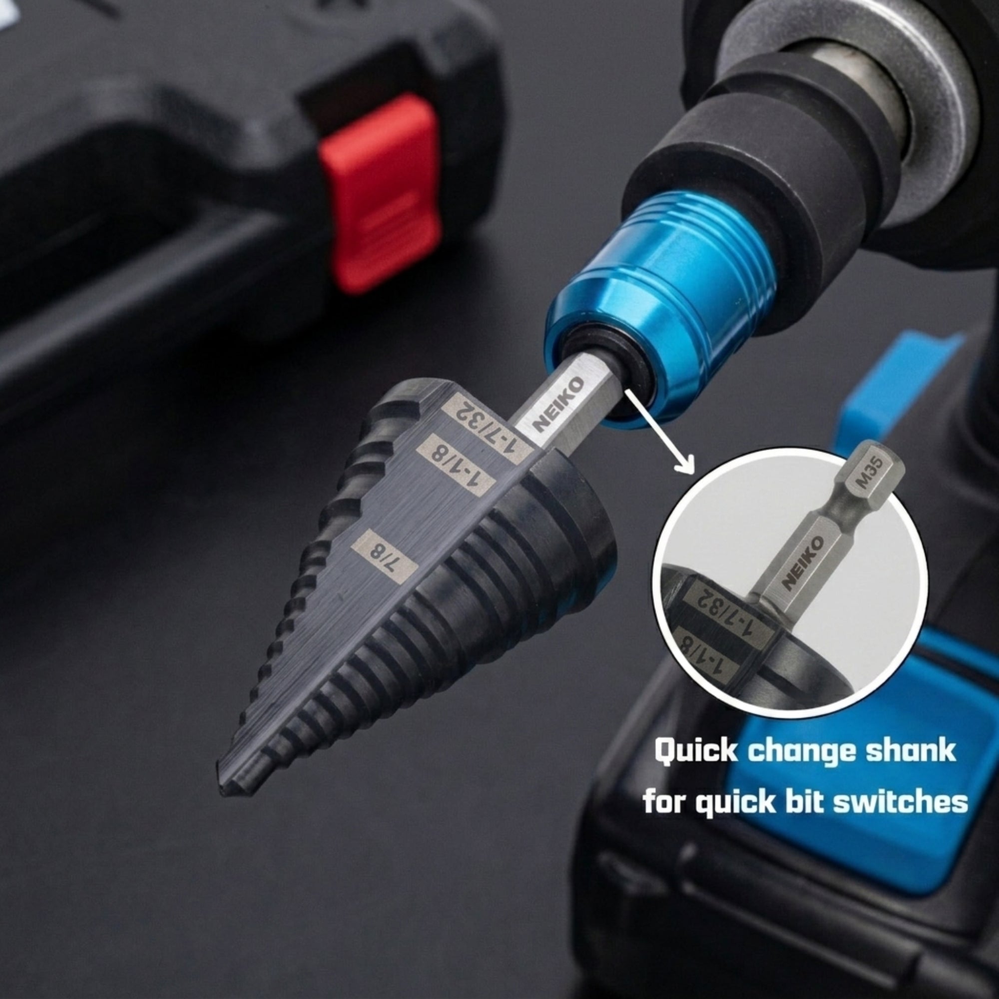 NEIKO 10636B Step Drill Bit, 3 Steps 7/8" to 1-7/32" Straight M35 Cobalt, AlTiSiN Coated, 1/4" Quick Change Step Bits for Steel, Metal, Wood, Plastic, Unibit Cone Drill Bits, Two Flute