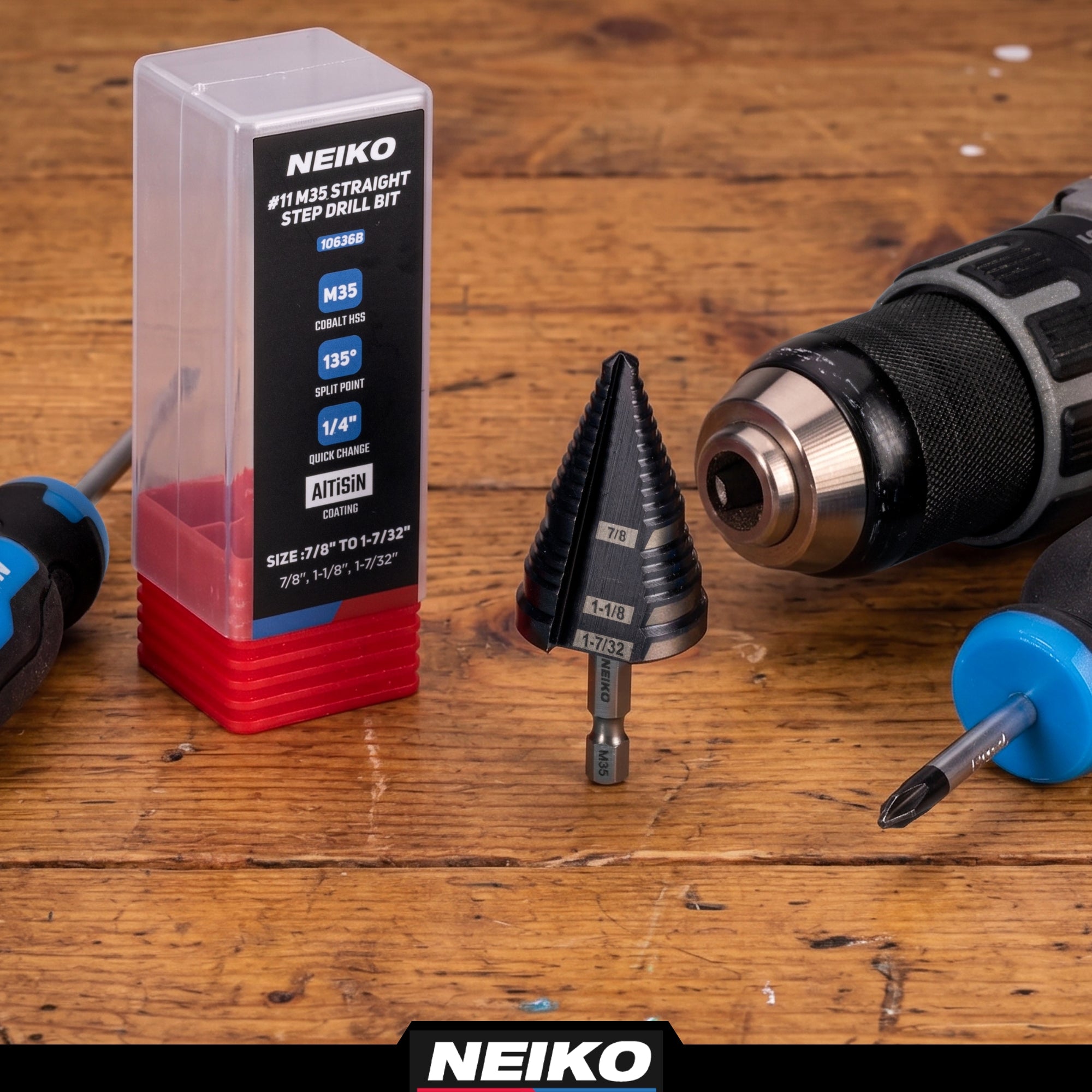 NEIKO 10636B Step Drill Bit, 3 Steps 7/8" to 1-7/32" Straight M35 Cobalt, AlTiSiN Coated, 1/4" Quick Change Step Bits for Steel, Metal, Wood, Plastic, Unibit Cone Drill Bits, Two Flute