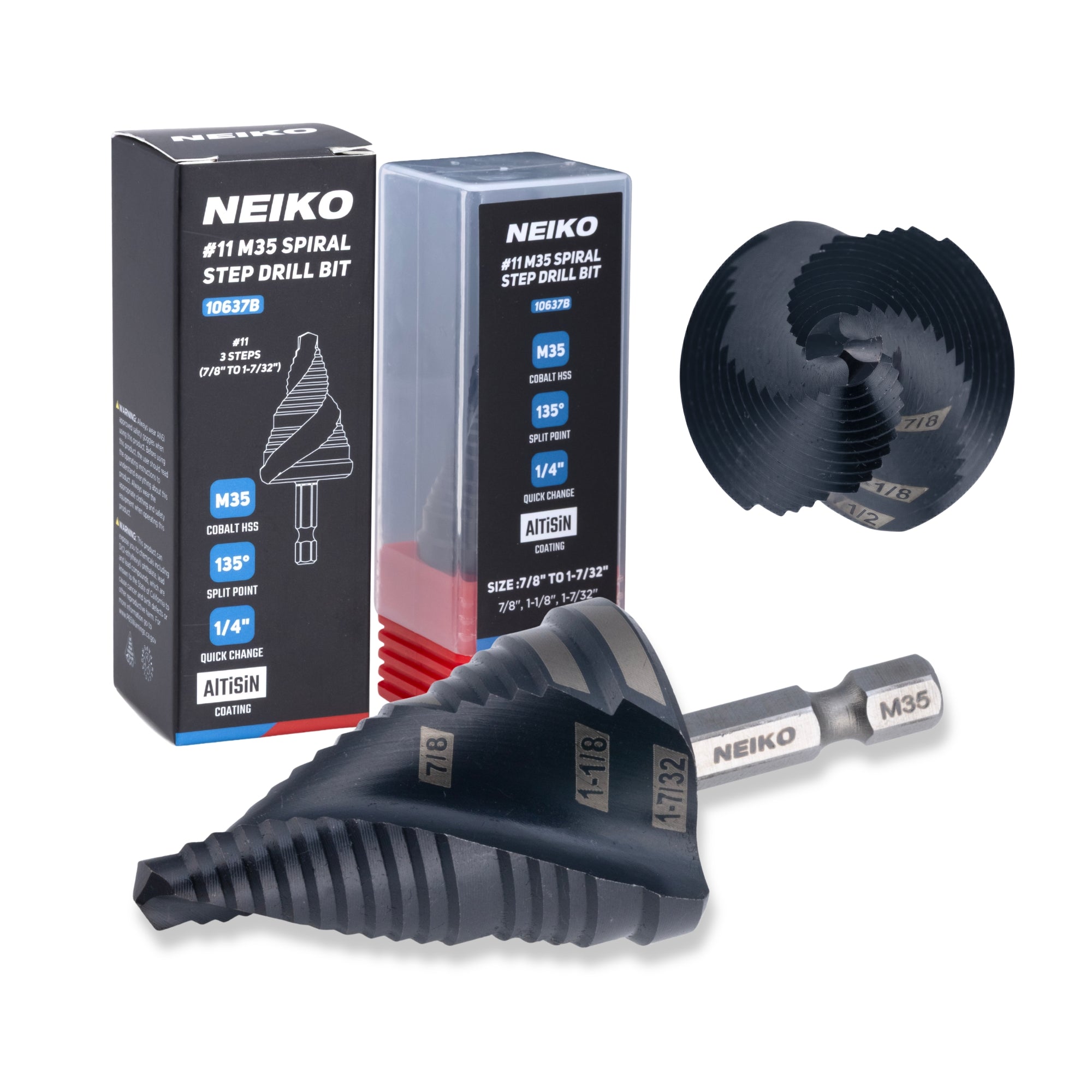 NEIKO 10637B Step Drill Bit, 3 Steps 7/8" to 1-7/32" Spiral M35 Cobalt, AlTiSiN Coated, 1/4" Quick Change Step Bits for Steel, Metal, Wood, Plastic, Unibit Cone Drill Bits, Two Flute