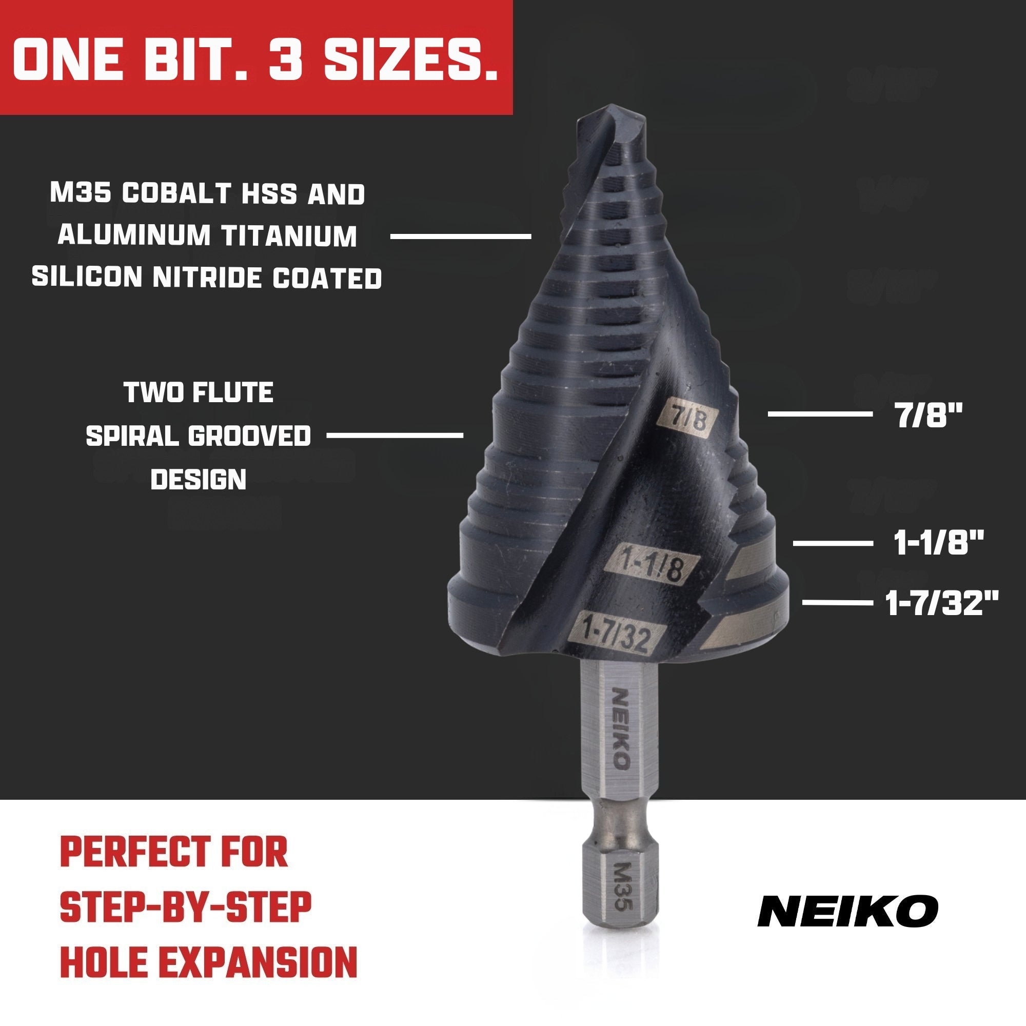 NEIKO 10637B Step Drill Bit, 3 Steps 7/8" to 1-7/32" Spiral M35 Cobalt, AlTiSiN Coated, 1/4" Quick Change Step Bits for Steel, Metal, Wood, Plastic, Unibit Cone Drill Bits, Two Flute