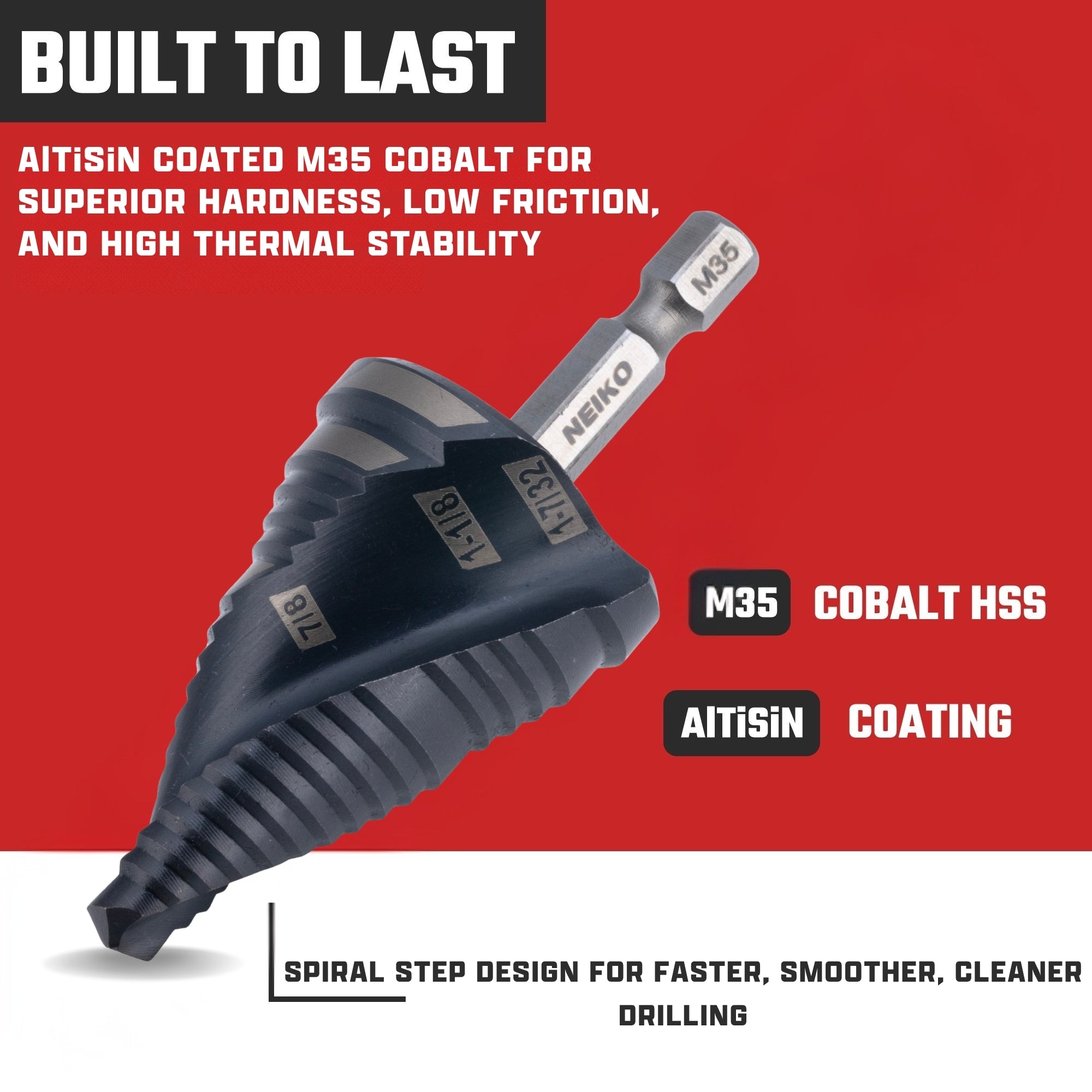 NEIKO 10637B Step Drill Bit, 3 Steps 7/8" to 1-7/32" Spiral M35 Cobalt, AlTiSiN Coated, 1/4" Quick Change Step Bits for Steel, Metal, Wood, Plastic, Unibit Cone Drill Bits, Two Flute