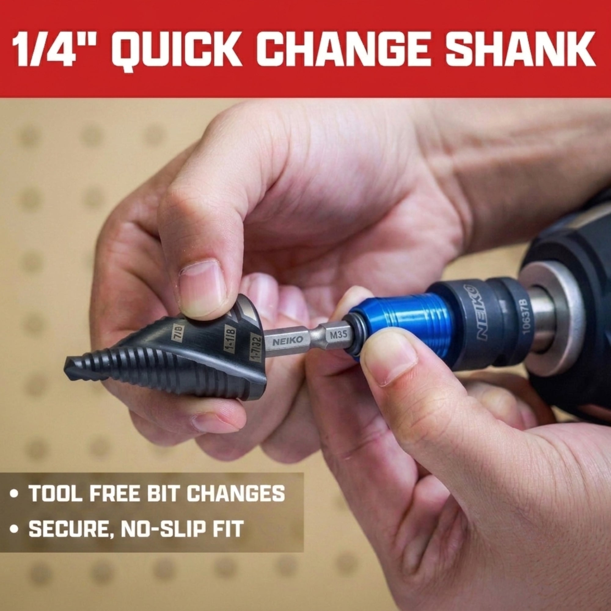 NEIKO 10637B Step Drill Bit, 3 Steps 7/8" to 1-7/32" Spiral M35 Cobalt, AlTiSiN Coated, 1/4" Quick Change Step Bits for Steel, Metal, Wood, Plastic, Unibit Cone Drill Bits, Two Flute