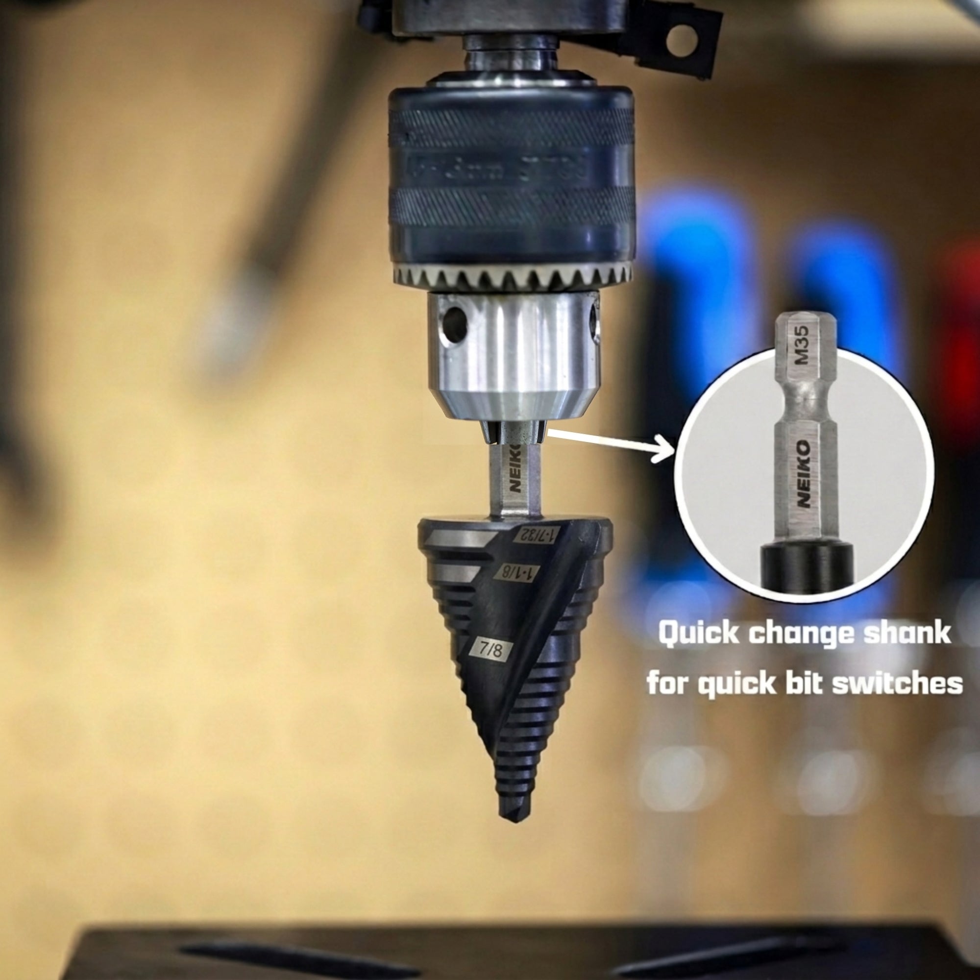 NEIKO 10637B Step Drill Bit, 3 Steps 7/8" to 1-7/32" Spiral M35 Cobalt, AlTiSiN Coated, 1/4" Quick Change Step Bits for Steel, Metal, Wood, Plastic, Unibit Cone Drill Bits, Two Flute