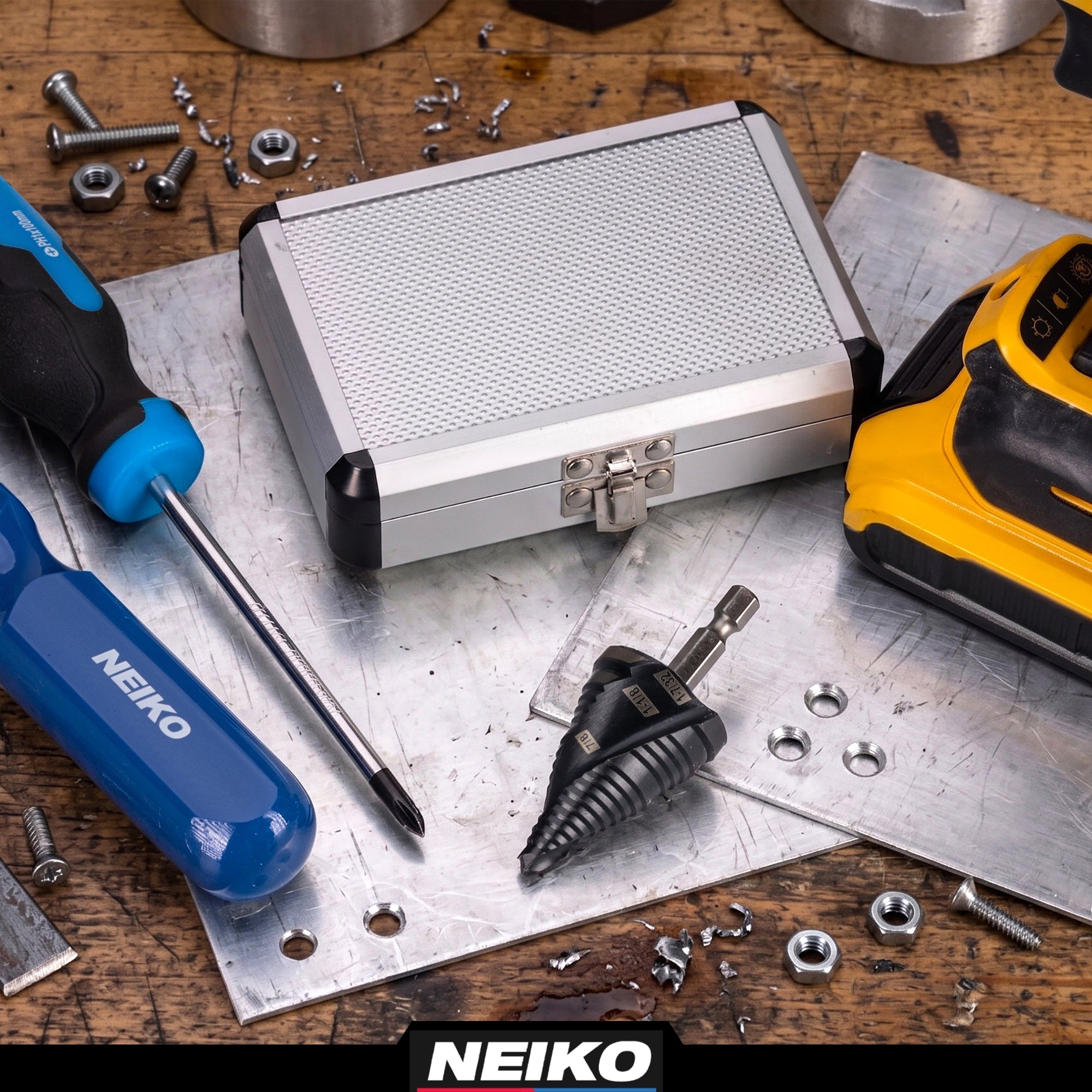 NEIKO 10637B Step Drill Bit, 3 Steps 7/8" to 1-7/32" Spiral M35 Cobalt, AlTiSiN Coated, 1/4" Quick Change Step Bits for Steel, Metal, Wood, Plastic, Unibit Cone Drill Bits, Two Flute