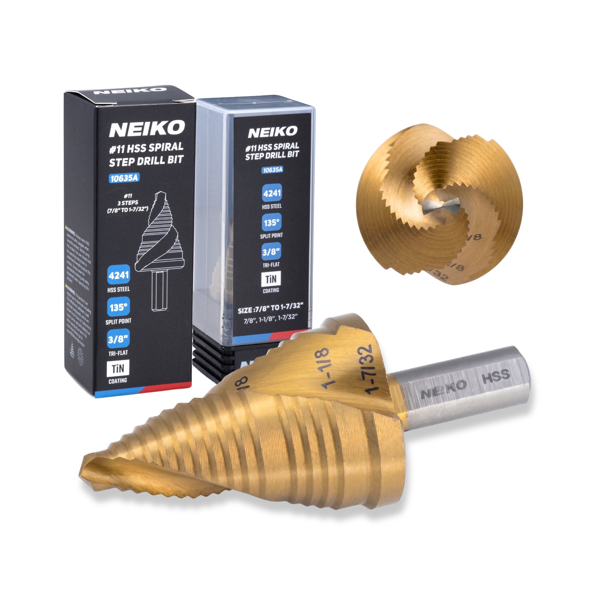 NEIKO 10635A Step Drill Bit, 3 Steps 7/8" to 1-7/32" Spiral High Speed Steel, Titanium Nitride Coated, 3/8” Tri Flat Step Bits for Steel, Metal, Wood, Plastic, Unibit Cone Drill Bits, Two Flute