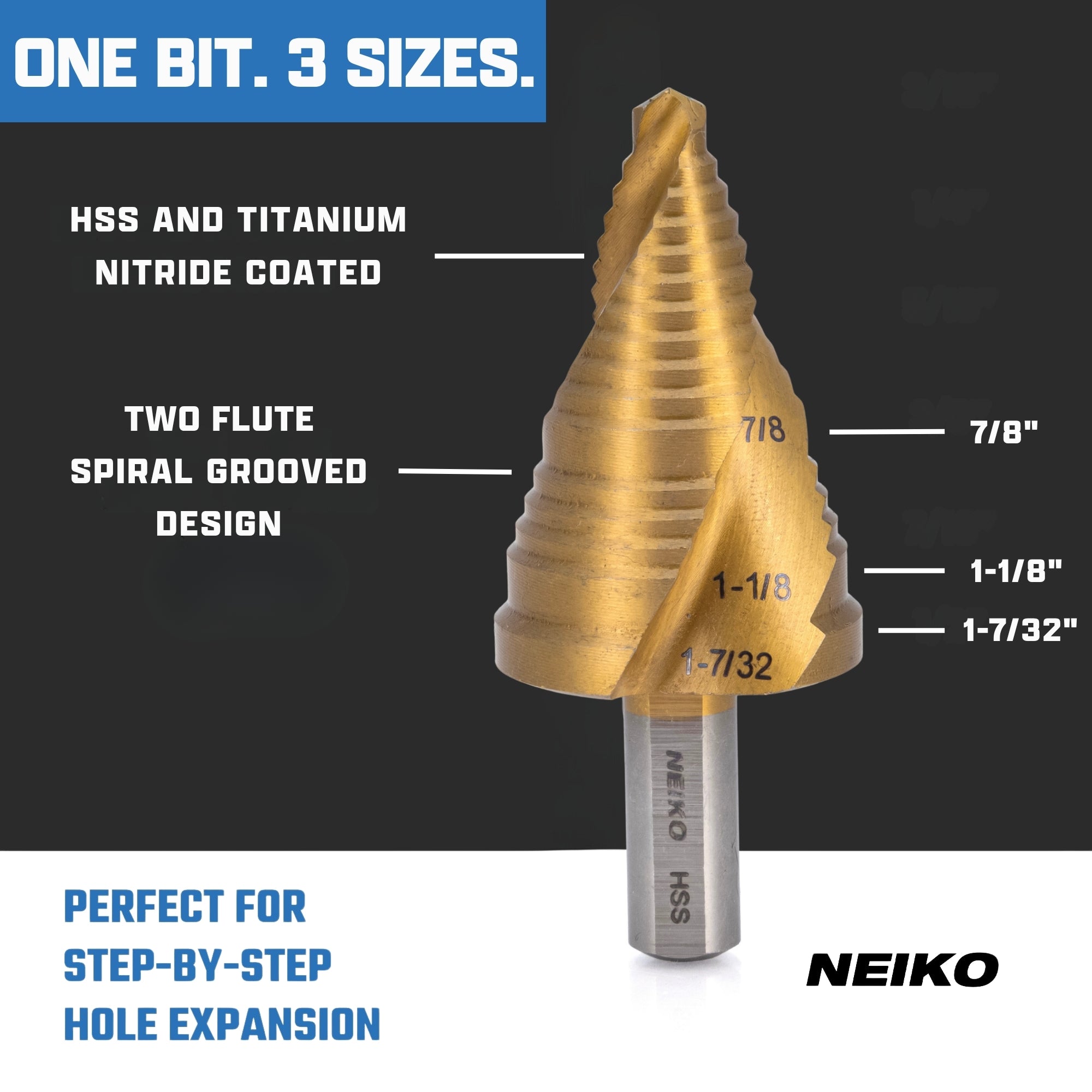 NEIKO 10635A Step Drill Bit, 3 Steps 7/8" to 1-7/32" Spiral High Speed Steel, Titanium Nitride Coated, 3/8” Tri Flat Step Bits for Steel, Metal, Wood, Plastic, Unibit Cone Drill Bits, Two Flute