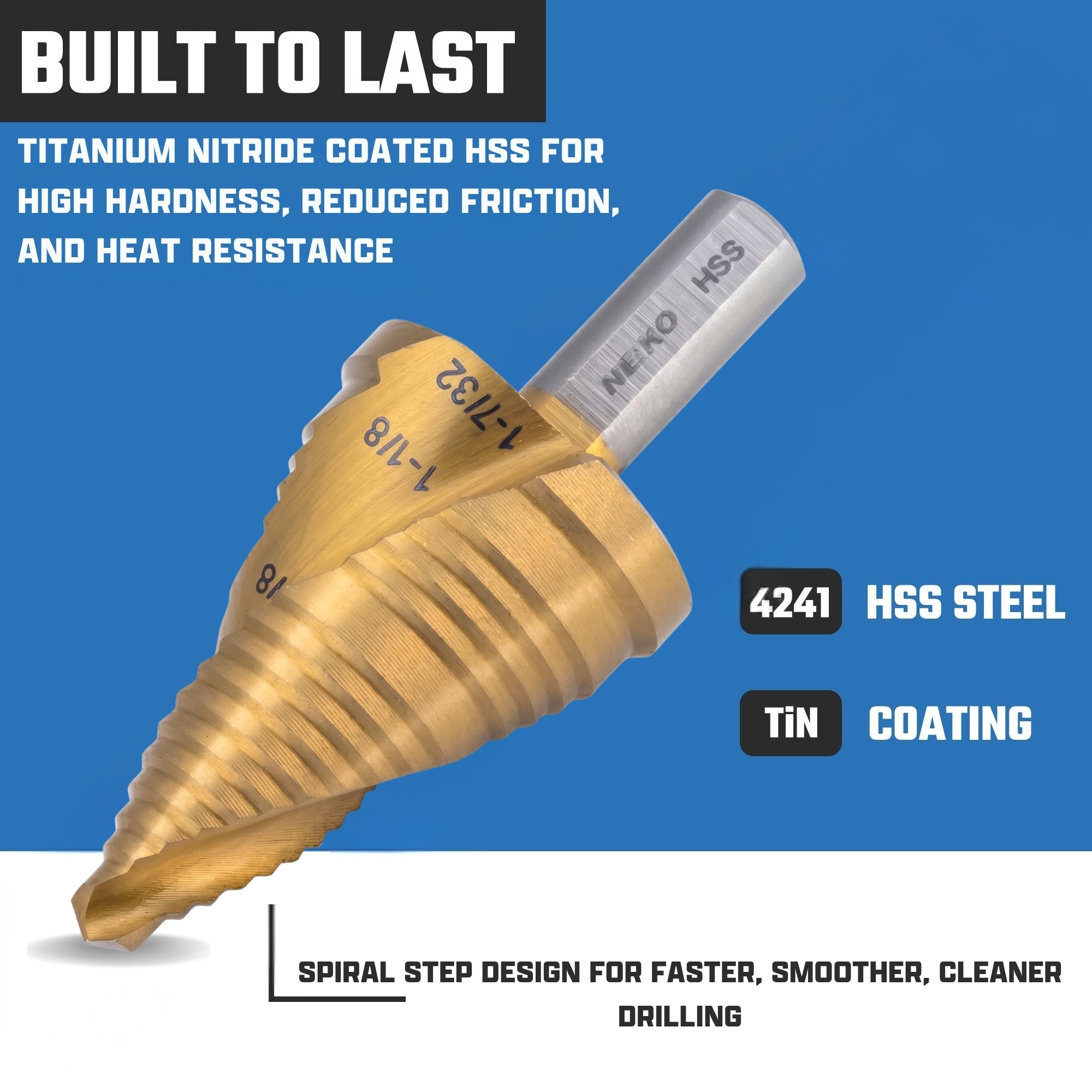 NEIKO 10635A Step Drill Bit, 3 Steps 7/8" to 1-7/32" Spiral High Speed Steel, Titanium Nitride Coated, 3/8” Tri Flat Step Bits for Steel, Metal, Wood, Plastic, Unibit Cone Drill Bits, Two Flute