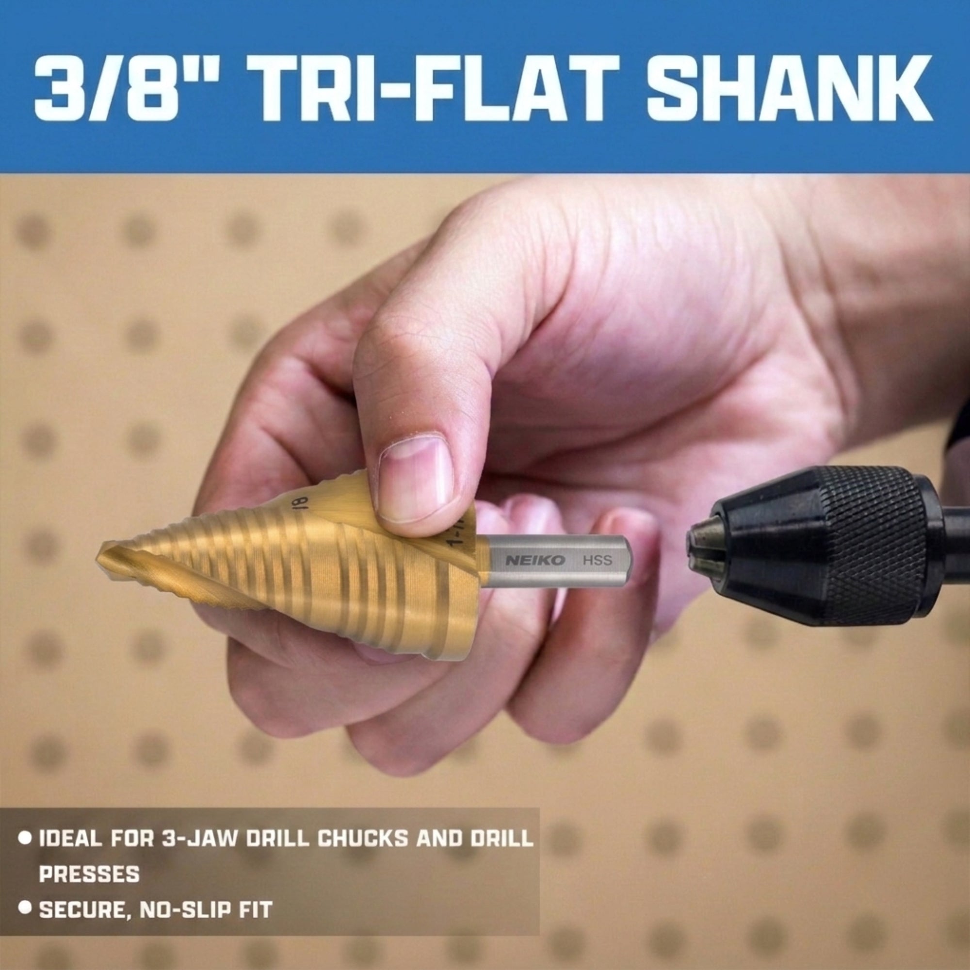 NEIKO 10635A Step Drill Bit, 3 Steps 7/8" to 1-7/32" Spiral High Speed Steel, Titanium Nitride Coated, 3/8” Tri Flat Step Bits for Steel, Metal, Wood, Plastic, Unibit Cone Drill Bits, Two Flute