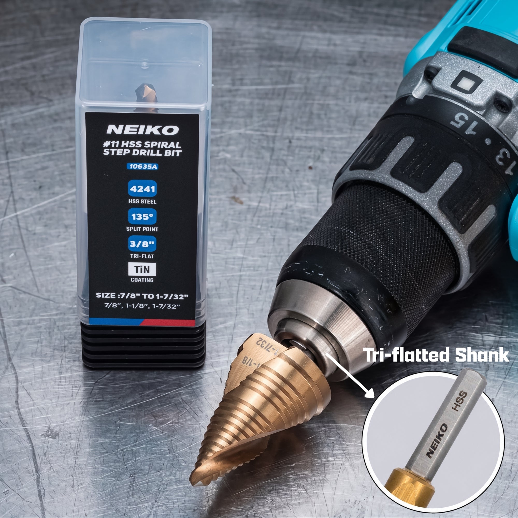 NEIKO 10635A Step Drill Bit, 3 Steps 7/8" to 1-7/32" Spiral High Speed Steel, Titanium Nitride Coated, 3/8” Tri Flat Step Bits for Steel, Metal, Wood, Plastic, Unibit Cone Drill Bits, Two Flute