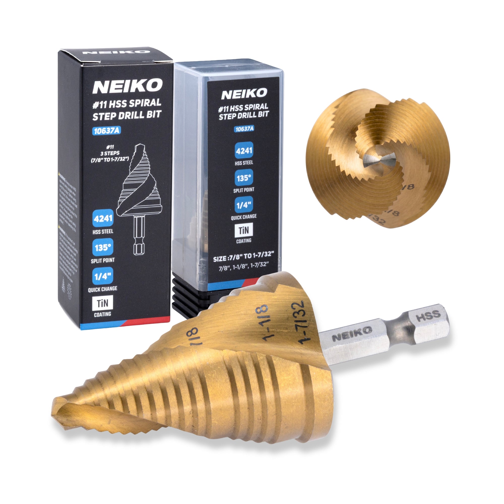 NEIKO 10637A Step Drill Bit, 3 Steps 7/8" to 1-7/32" Spiral High Speed Steel, Titanium Nitride Coated, 1/4” Quick Change Step Bits for Steel, Metal, Wood, Plastic, Unibit Cone Drill Bits, Two Flute