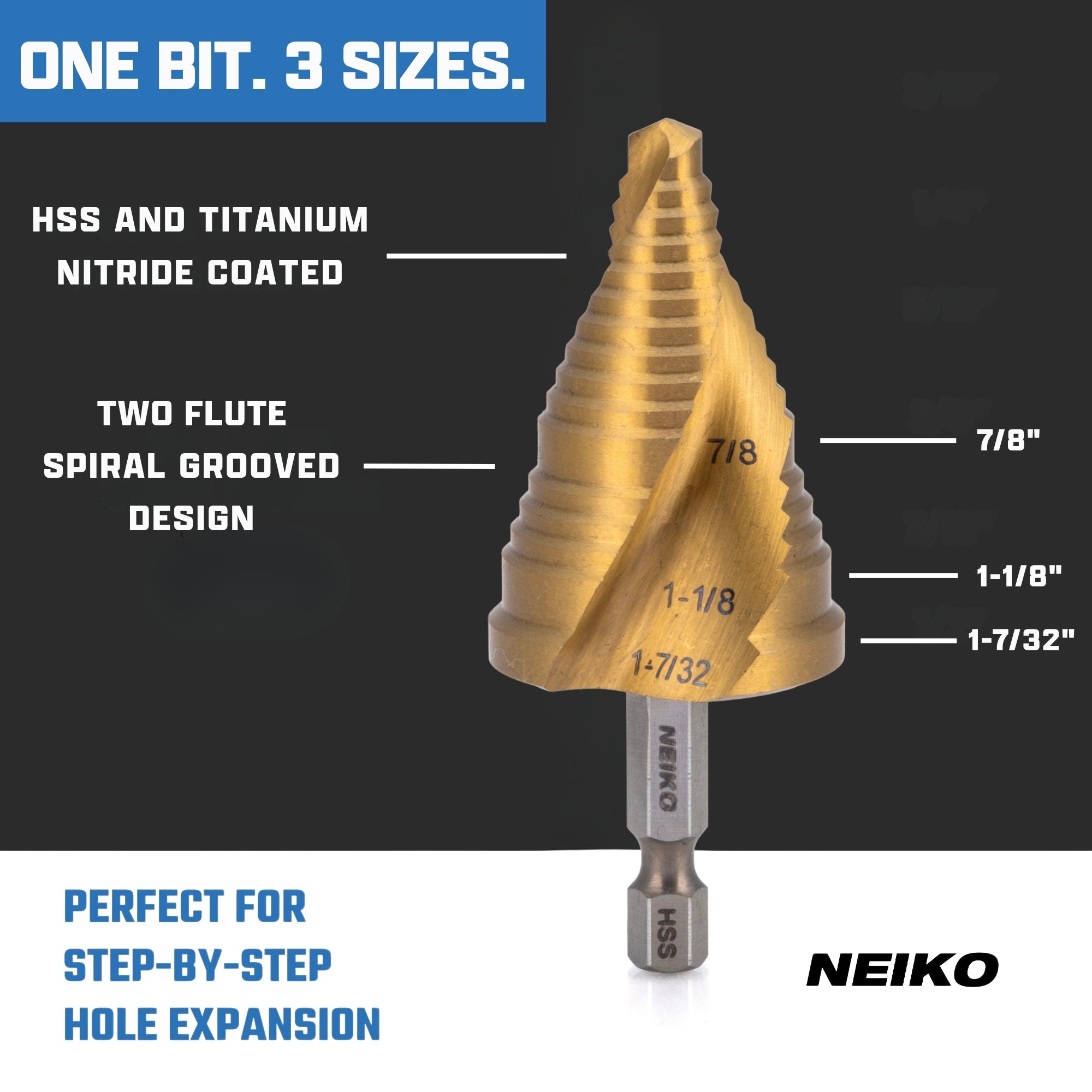 NEIKO 10637A Step Drill Bit, 3 Steps 7/8" to 1-7/32" Spiral High Speed Steel, Titanium Nitride Coated, 1/4” Quick Change Step Bits for Steel, Metal, Wood, Plastic, Unibit Cone Drill Bits, Two Flute