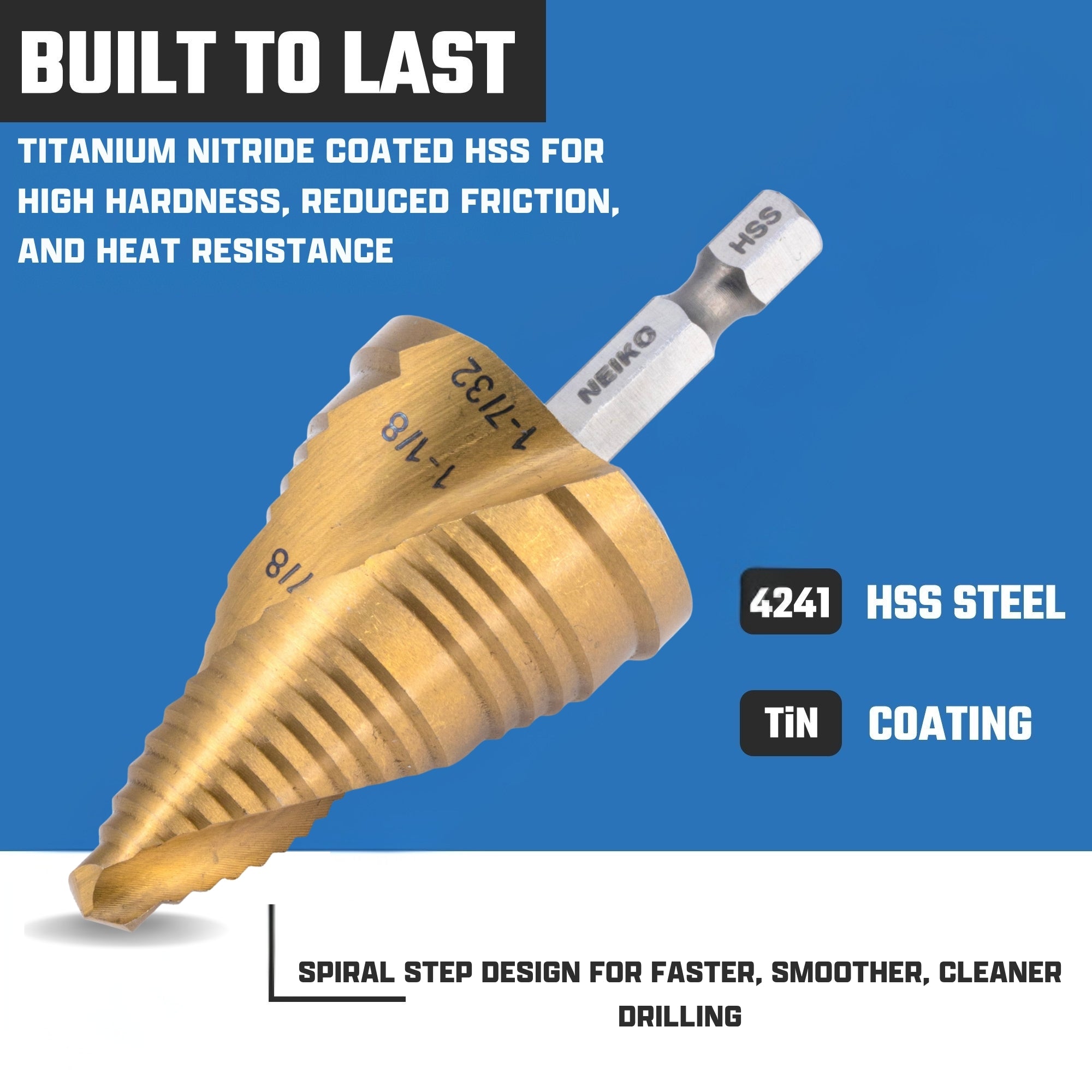 NEIKO 10637A Step Drill Bit, 3 Steps 7/8" to 1-7/32" Spiral High Speed Steel, Titanium Nitride Coated, 1/4” Quick Change Step Bits for Steel, Metal, Wood, Plastic, Unibit Cone Drill Bits, Two Flute