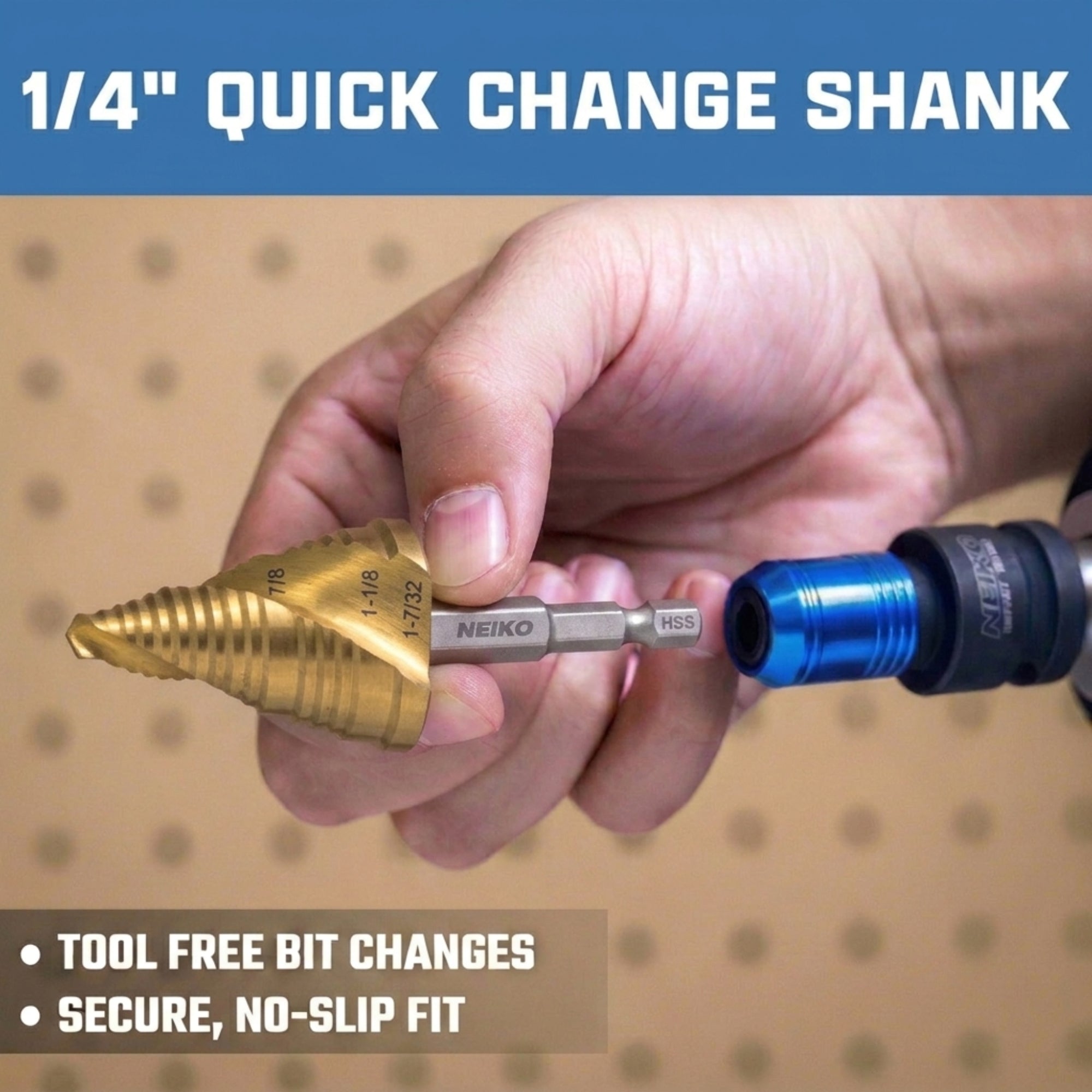 NEIKO 10637A Step Drill Bit, 3 Steps 7/8" to 1-7/32" Spiral High Speed Steel, Titanium Nitride Coated, 1/4” Quick Change Step Bits for Steel, Metal, Wood, Plastic, Unibit Cone Drill Bits, Two Flute