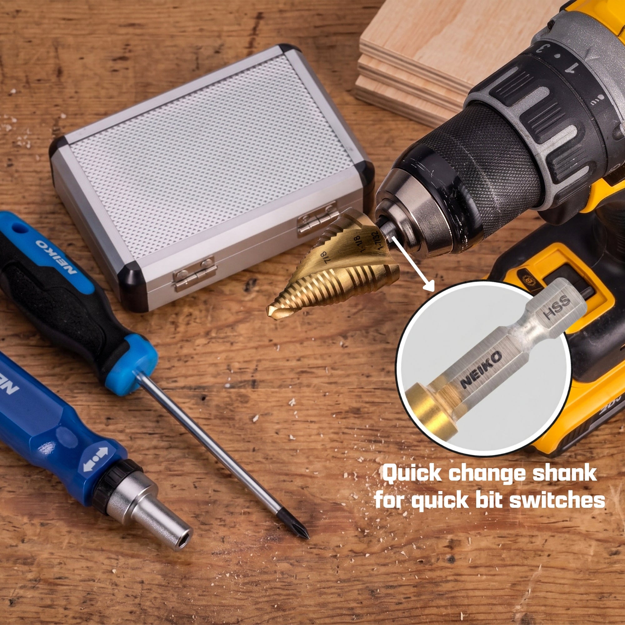 NEIKO 10637A Step Drill Bit, 3 Steps 7/8" to 1-7/32" Spiral High Speed Steel, Titanium Nitride Coated, 1/4” Quick Change Step Bits for Steel, Metal, Wood, Plastic, Unibit Cone Drill Bits, Two Flute