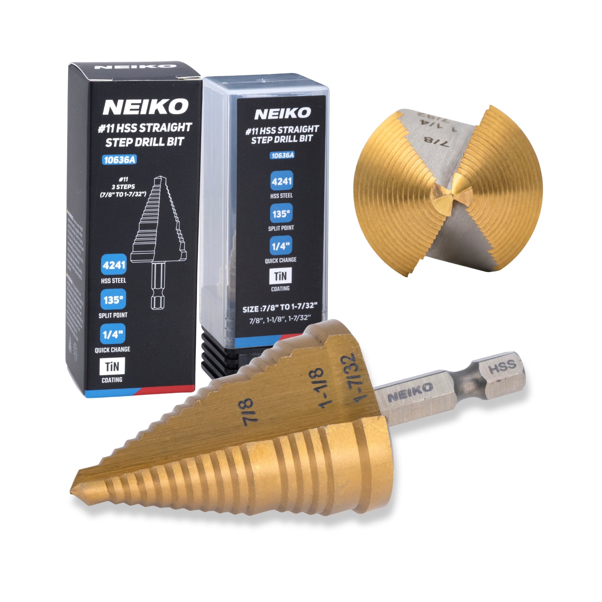 NEIKO 10636A Step Drill Bit, 3 Steps 7/8" to 1-7/32" Straight High Speed Steel, Titanium Nitride Coated, 1/4” Quick Change Step Bits for Steel, Metal, Wood, Plastic, Unibit Cone Drill Bits, Two Flute