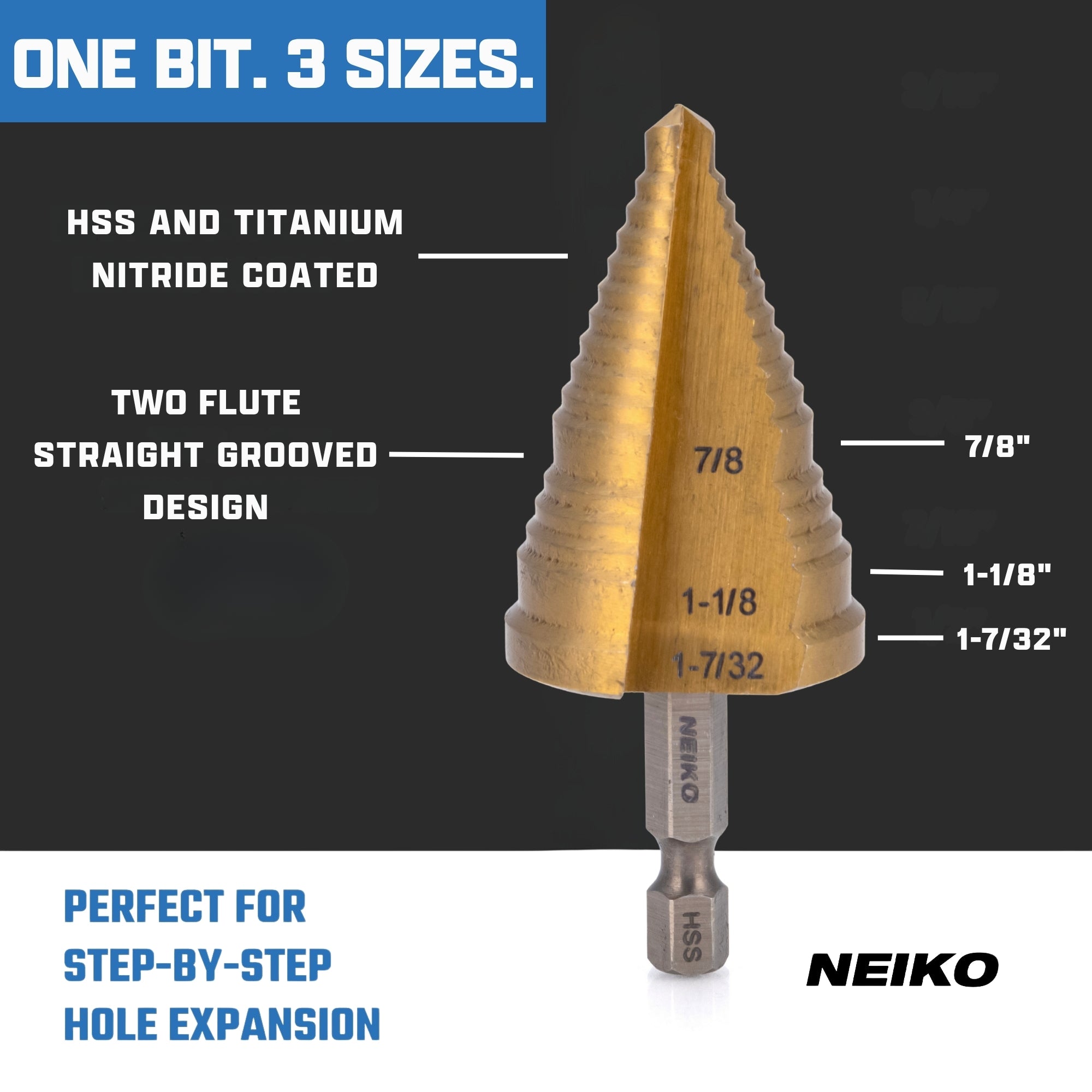 NEIKO 10636A Step Drill Bit, 3 Steps 7/8" to 1-7/32" Straight High Speed Steel, Titanium Nitride Coated, 1/4” Quick Change Step Bits for Steel, Metal, Wood, Plastic, Unibit Cone Drill Bits, Two Flute