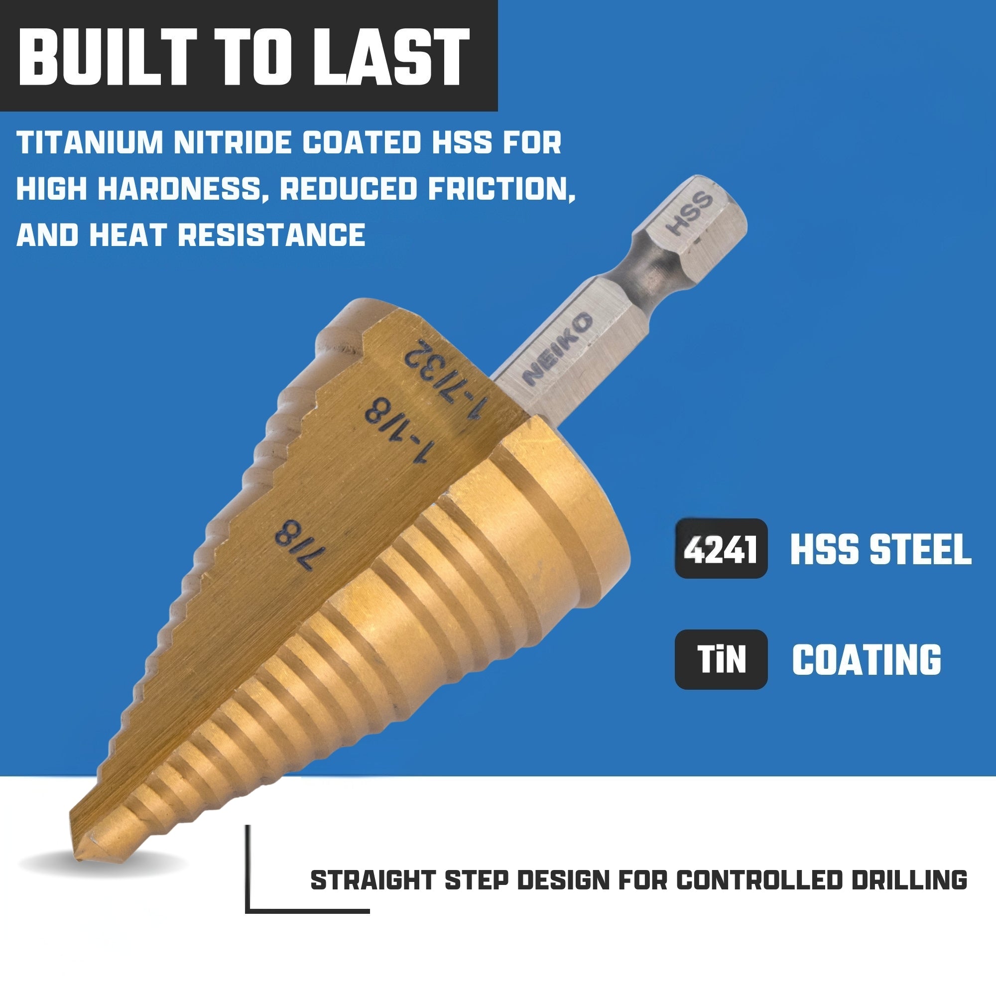 NEIKO 10636A Step Drill Bit, 3 Steps 7/8" to 1-7/32" Straight High Speed Steel, Titanium Nitride Coated, 1/4” Quick Change Step Bits for Steel, Metal, Wood, Plastic, Unibit Cone Drill Bits, Two Flute