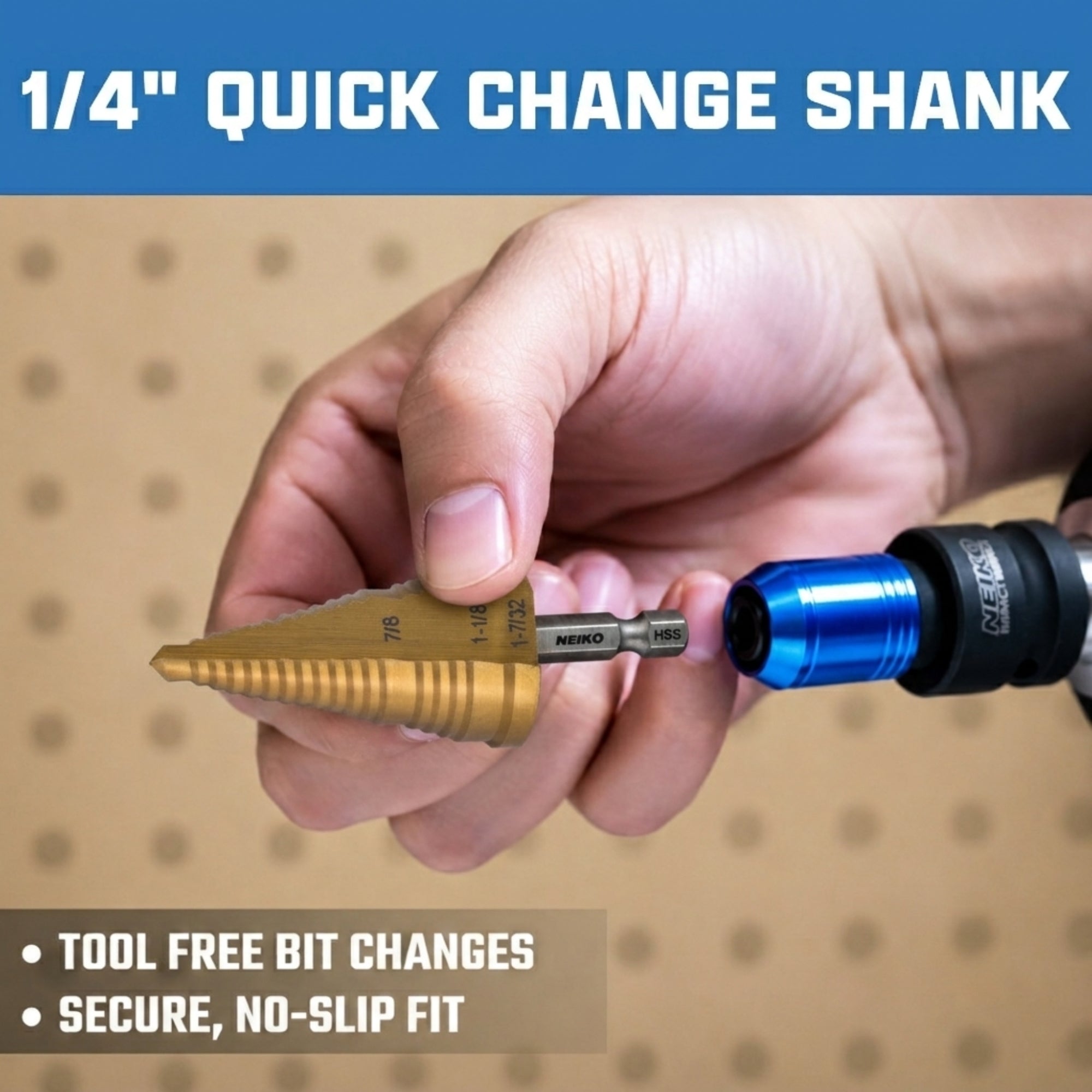 NEIKO 10636A Step Drill Bit, 3 Steps 7/8" to 1-7/32" Straight High Speed Steel, Titanium Nitride Coated, 1/4” Quick Change Step Bits for Steel, Metal, Wood, Plastic, Unibit Cone Drill Bits, Two Flute