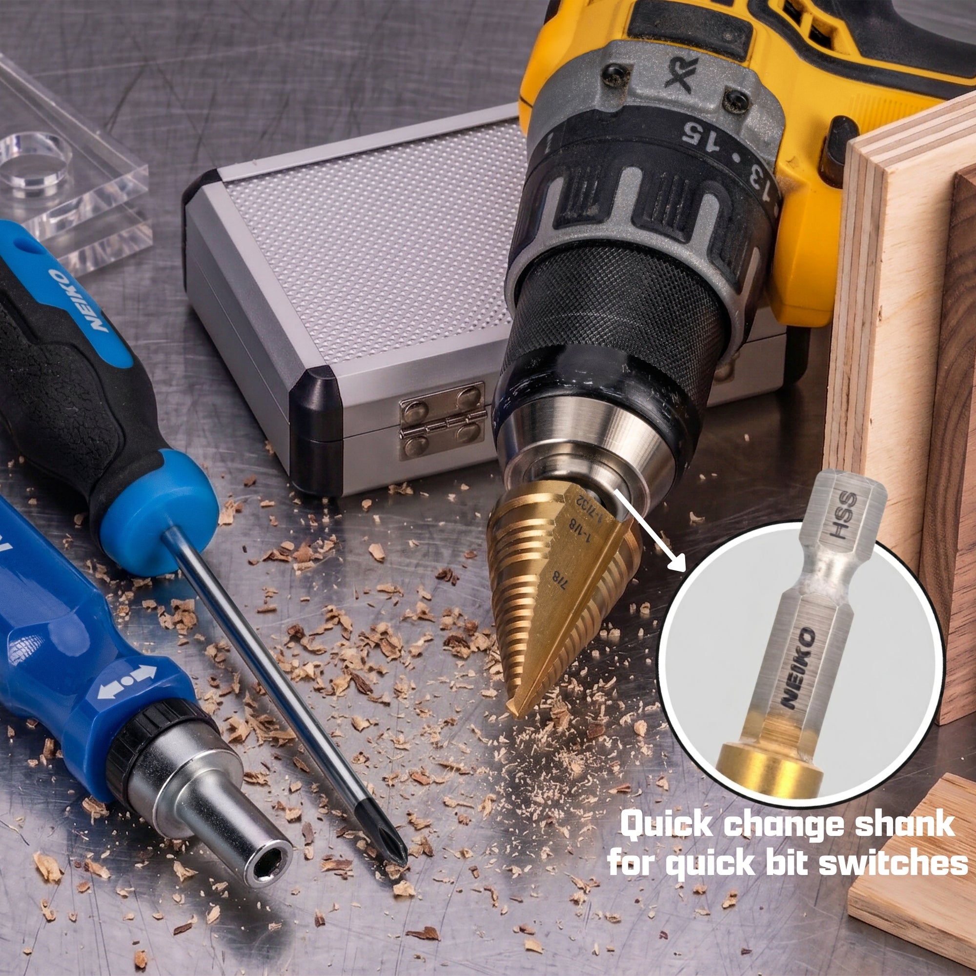 NEIKO 10636A Step Drill Bit, 3 Steps 7/8" to 1-7/32" Straight High Speed Steel, Titanium Nitride Coated, 1/4” Quick Change Step Bits for Steel, Metal, Wood, Plastic, Unibit Cone Drill Bits, Two Flute