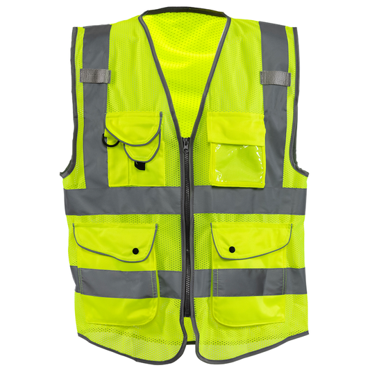 High-Visibility Safety Vest – Reflective Strips, 9 Pockets, Zipper Front