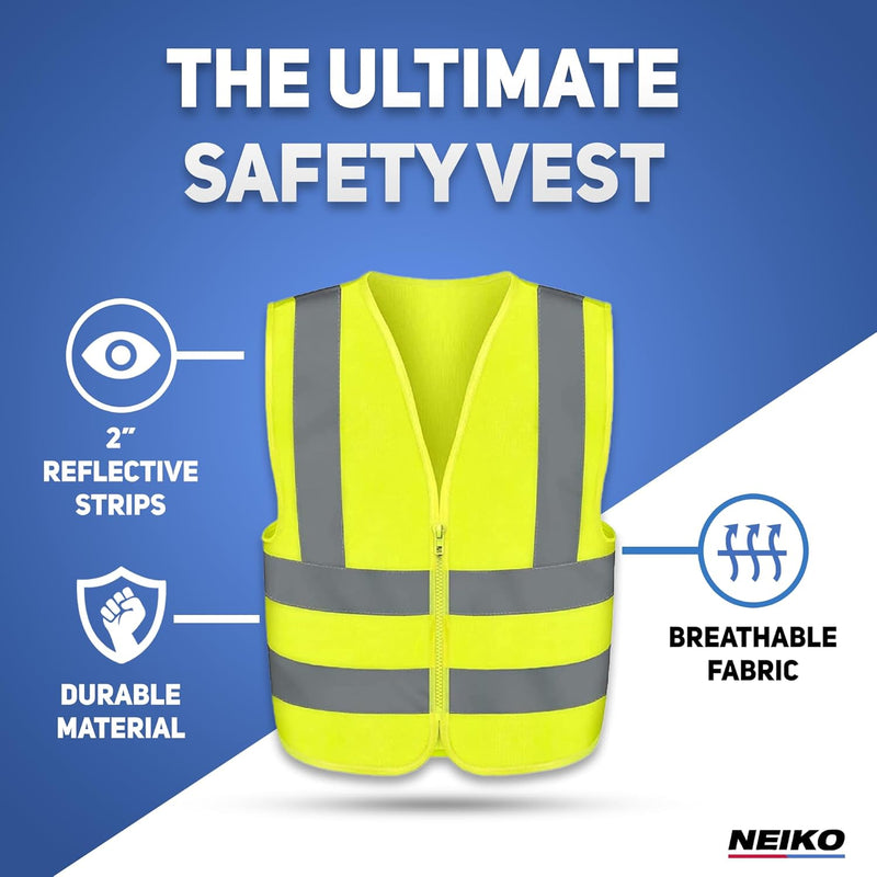 NEIKO 54068A Safety Vest, Size XX-Small for Kids, High Visibility Vest with Reflective Strips, Neon Yellow Vest, Zipper Front, Reflective Vest For Men and Women, Work Vest, Security Vest and Hi Vis