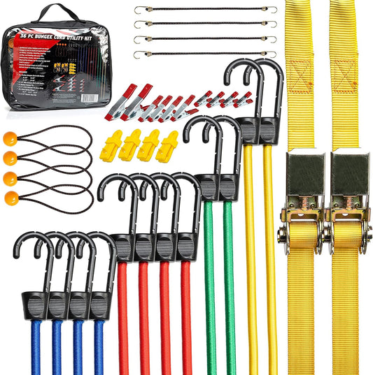 TOOLUXE Bungee Cord & Tarp Accessory Kit – Assorted Cords, Clips & Straps (36-Piece)