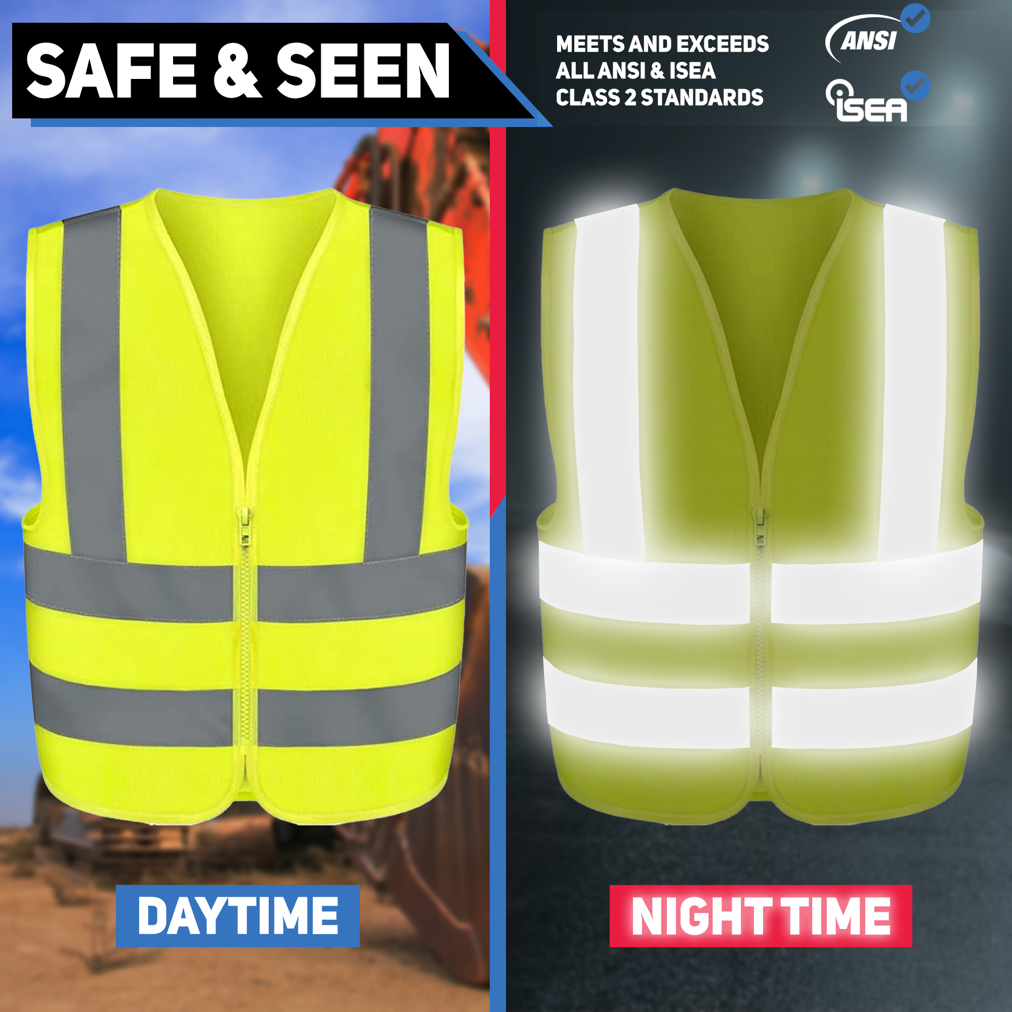 High-Visibility Safety Vest — Neon Yellow, Reflective Strips, Zipper Front (XX-Large