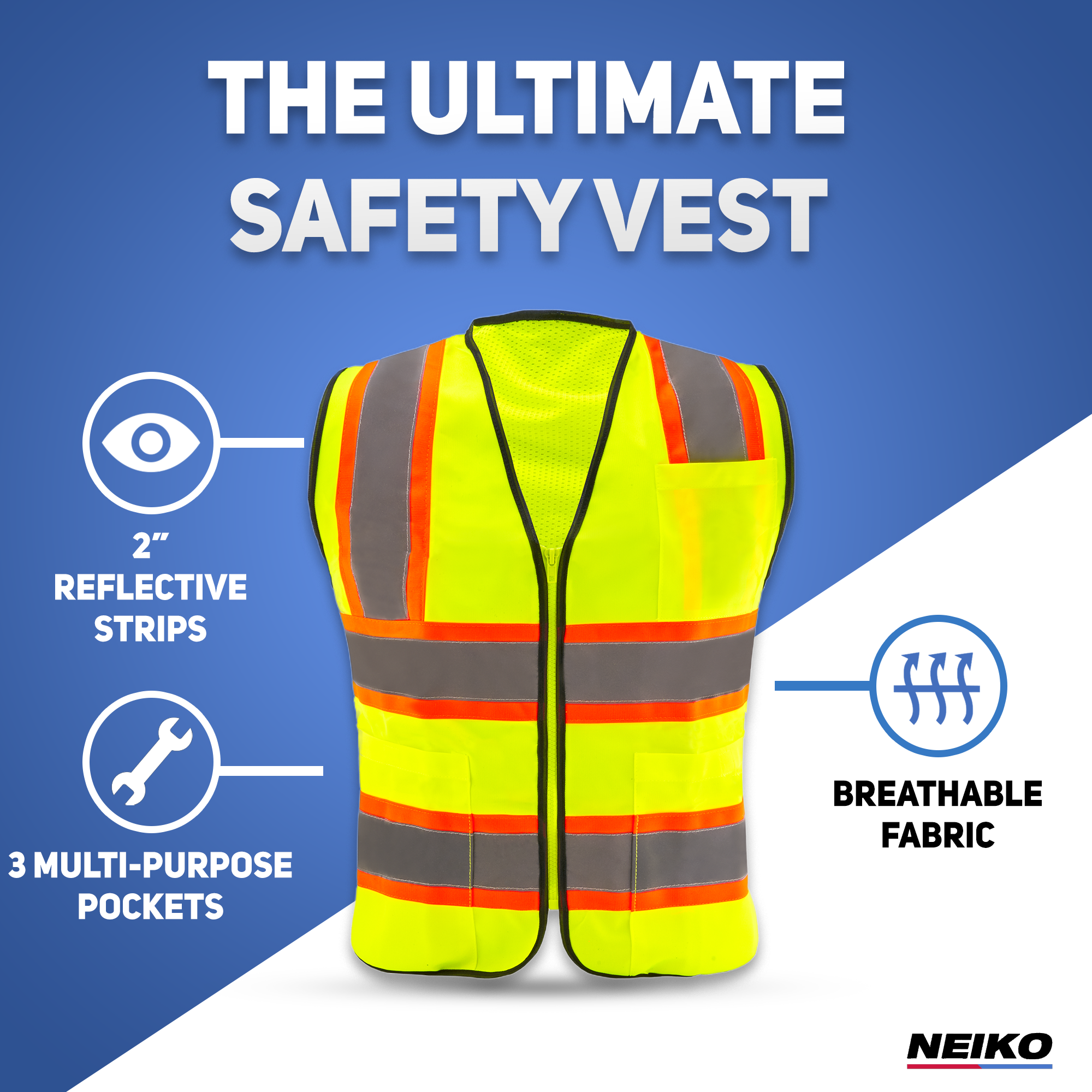 High-Visibility Safety Vest – 3 Pockets, Reflective Strips, Zipper Front