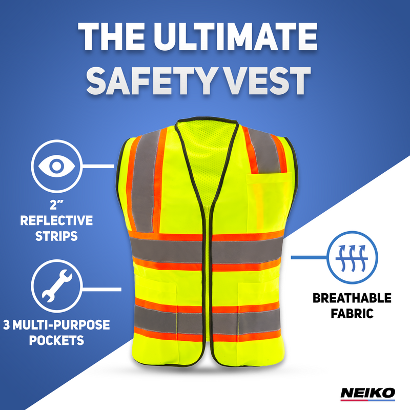 Neiko 53991A X-Large High Visibility Safety Vest, 3 Pockets and Zipper Neon Construction Vest, Neon Yellow, Safety Vest for Men and Women, Adult Safety Vest