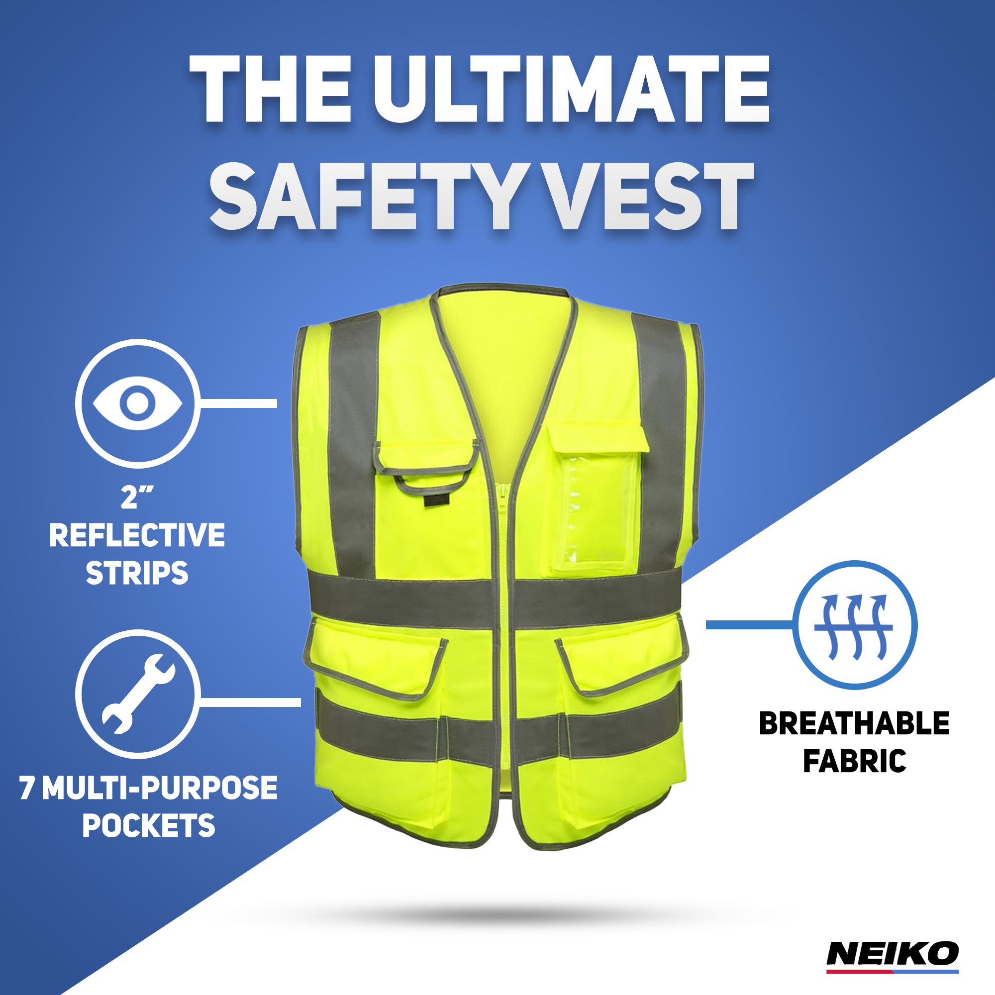 High-Visibility Safety Vest – 7 Pockets, Reflective Strips, Zipper Front