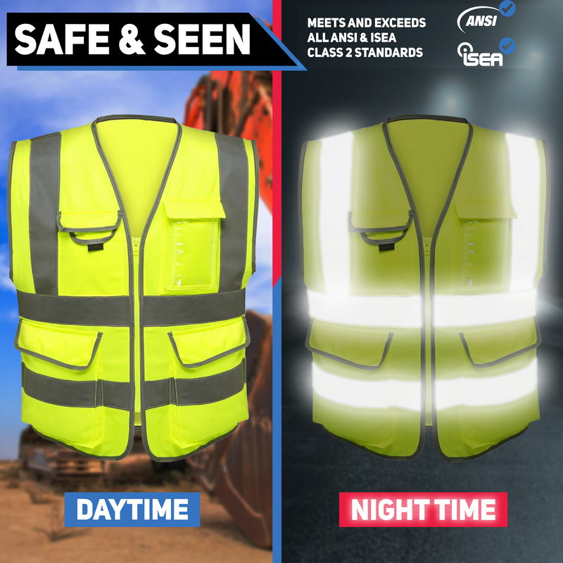 Neiko 53994A Large Ultra Reflective Safety Vest with Reflective Stripes & Zipper, Visibility Strips on Neon Yellow for Emergency, Safety Vest for Men and Women, Adult Safety Vest