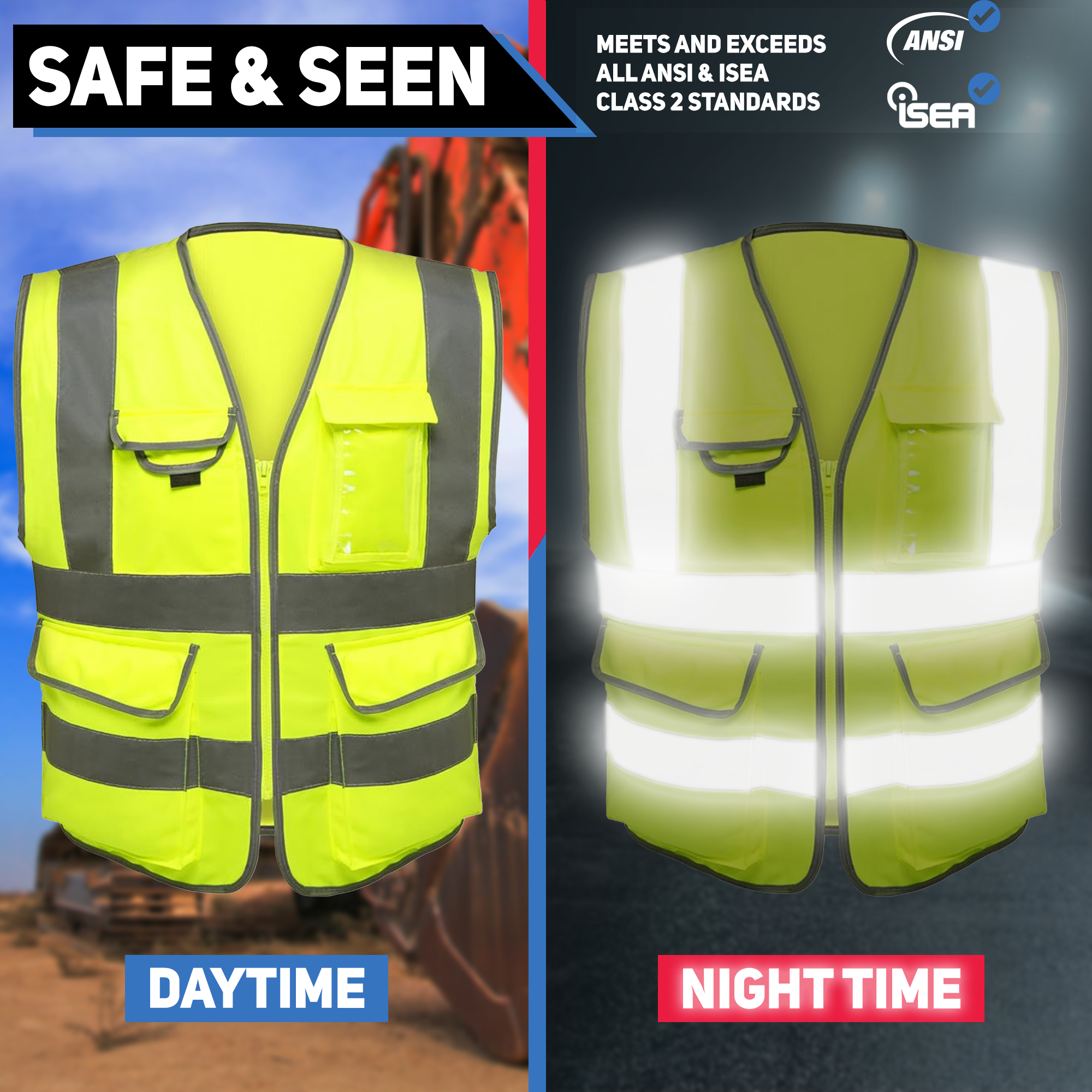 High-Visibility Safety Vest – Reflective Strips, Zipper Front (X-Large)