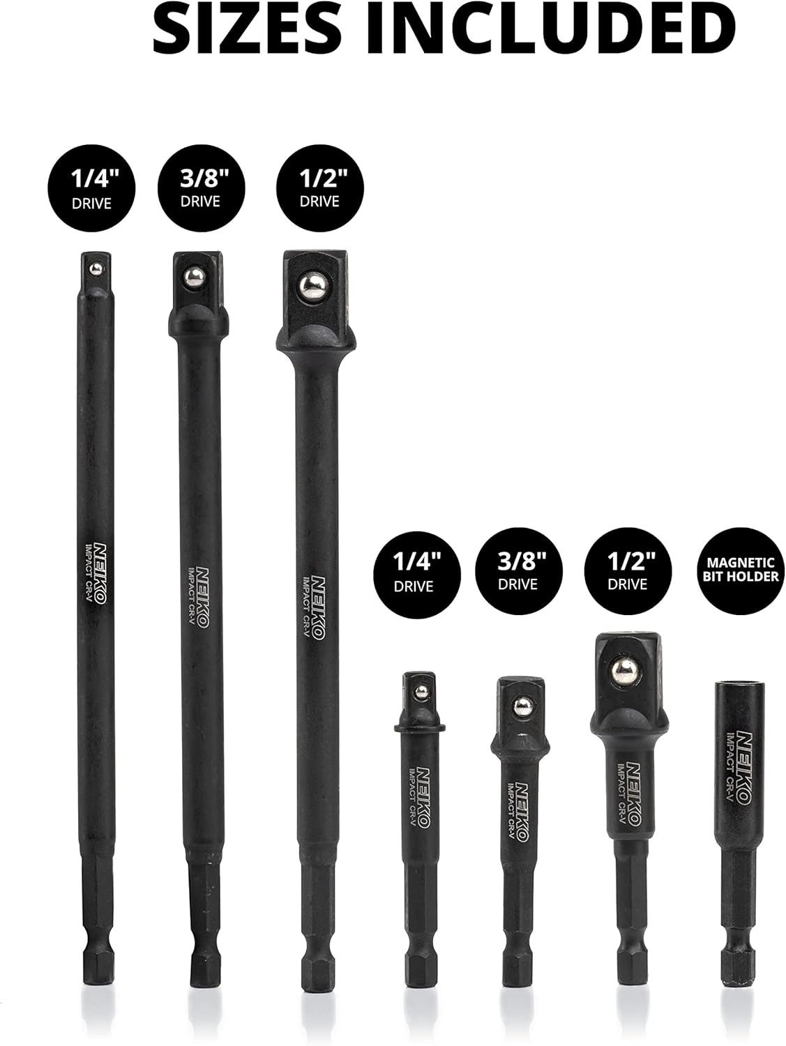 Impact Socket Adapter & Magnetic Bit Holder Set – 1/4”, 3/8” & 1/2” Drive (7-Piece)
