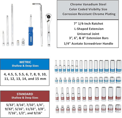 1/4” Drive Ratchet & Socket Set – SAE & Metric, Cr-V Steel (58-Piece)