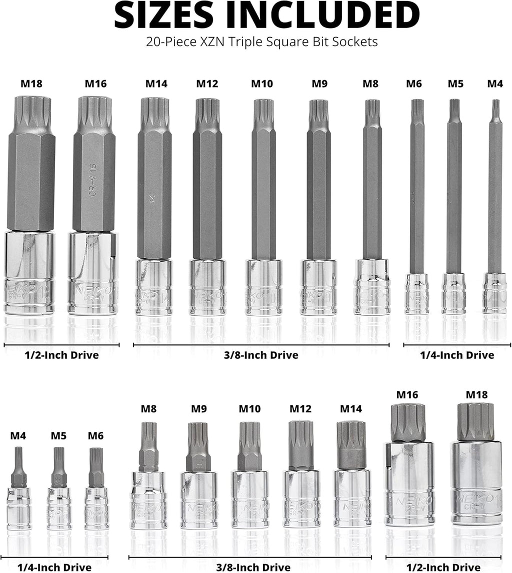 NEIKO 10057A XZN Triple Square Bit Set, 20-Piece Set, Spline Socket Se ...