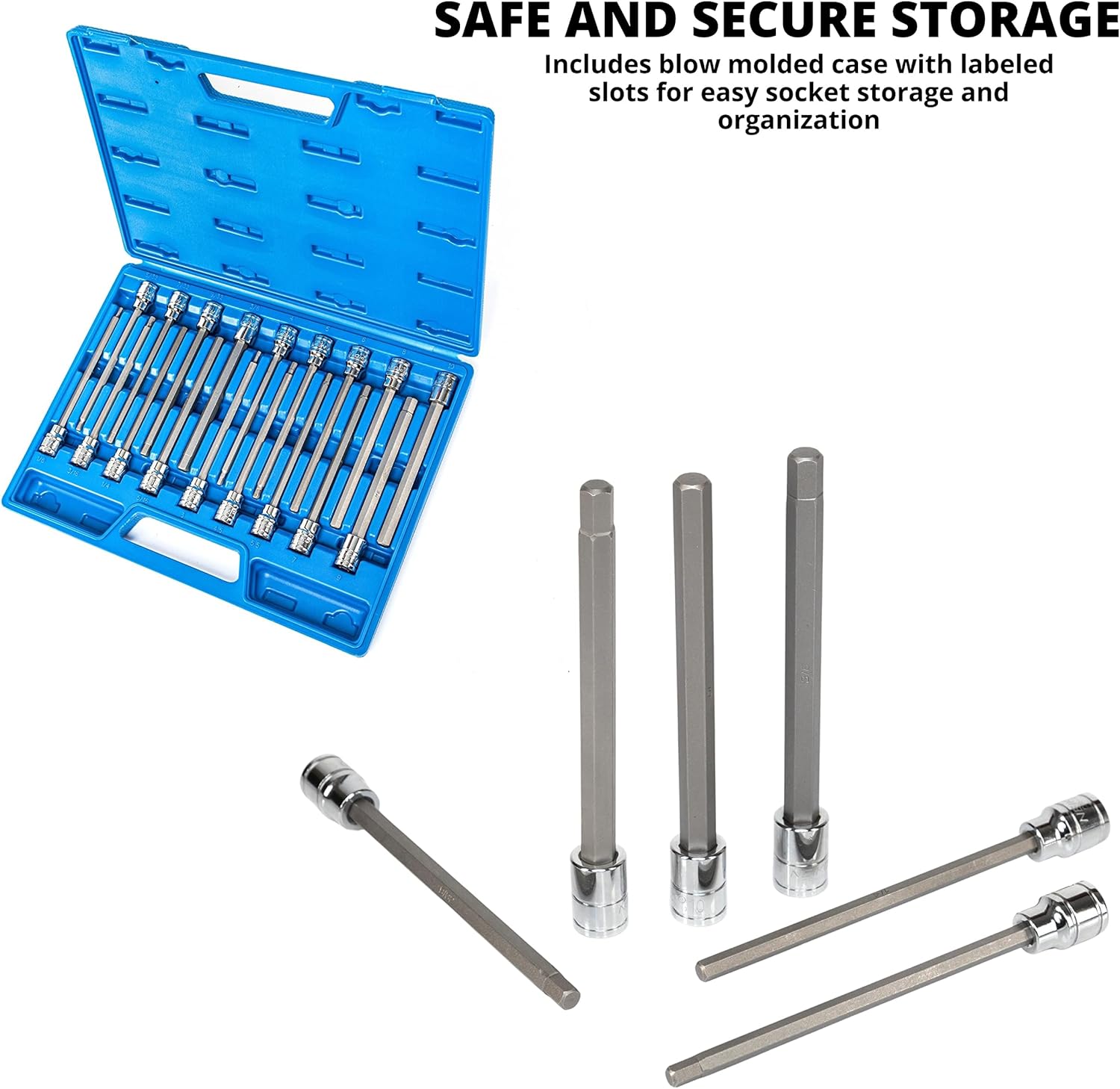 Extra-Long Allen Hex Bit Socket Set – 3/8” Drive, SAE & Metric (18-Piece)