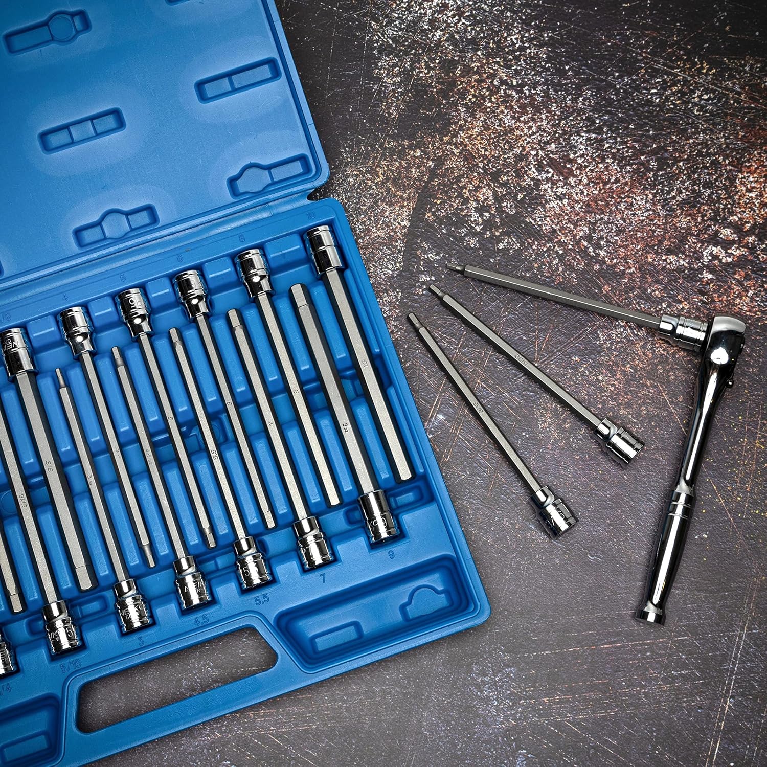 Extra-Long Allen Hex Bit Socket Set – 3/8” Drive, SAE & Metric (18-Piece)