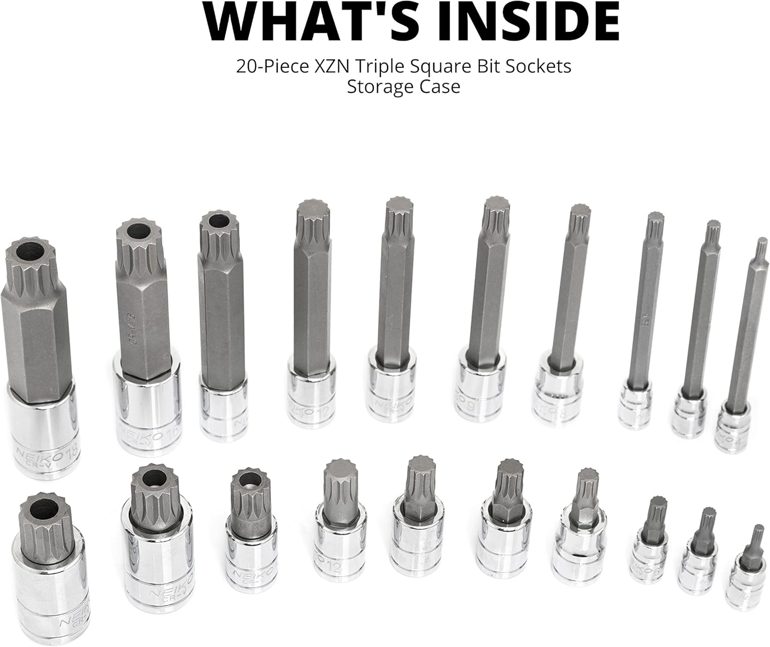 XZN Triple Square Bit Socket Set – Extra-Long 4”, 4–18 mm (20-Piece)