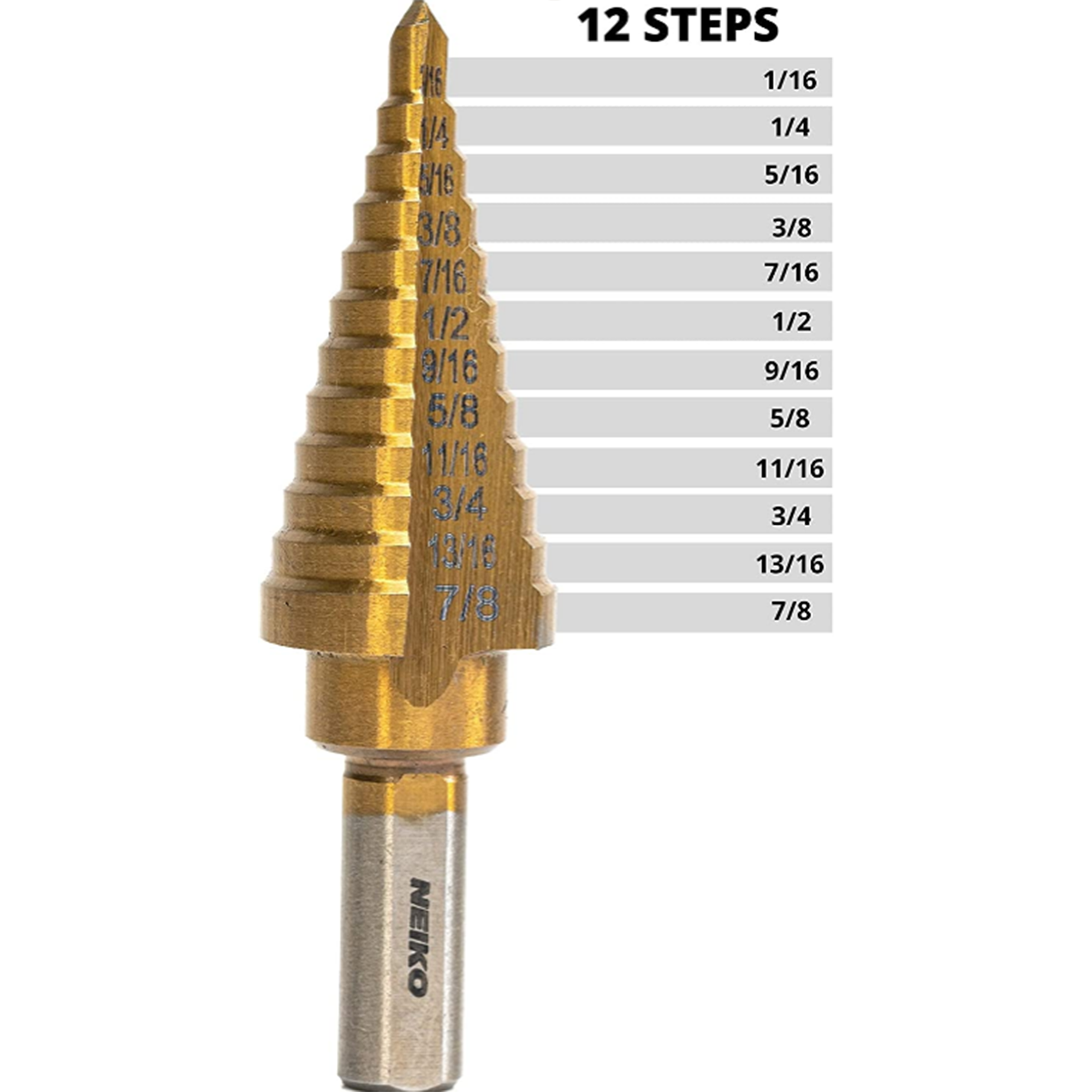 Titanium Step Drill Bit — 10 Sizes, 3/16"–7/8", HSS Alloy Steel