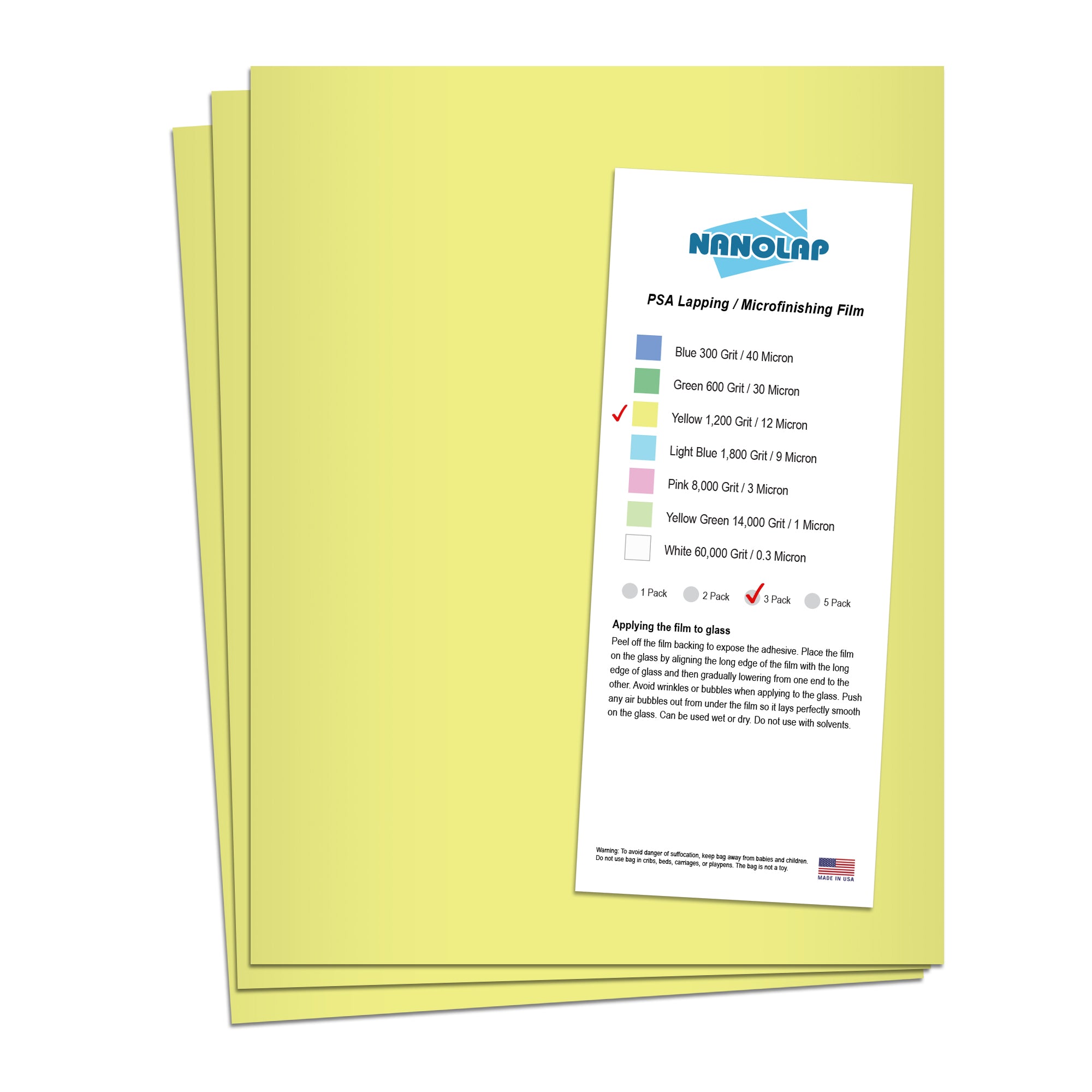 NANOLAP PSA Lapping Film 12 Micron (1,200 Grit) Adhesive Polishing Paper (3-Piece)