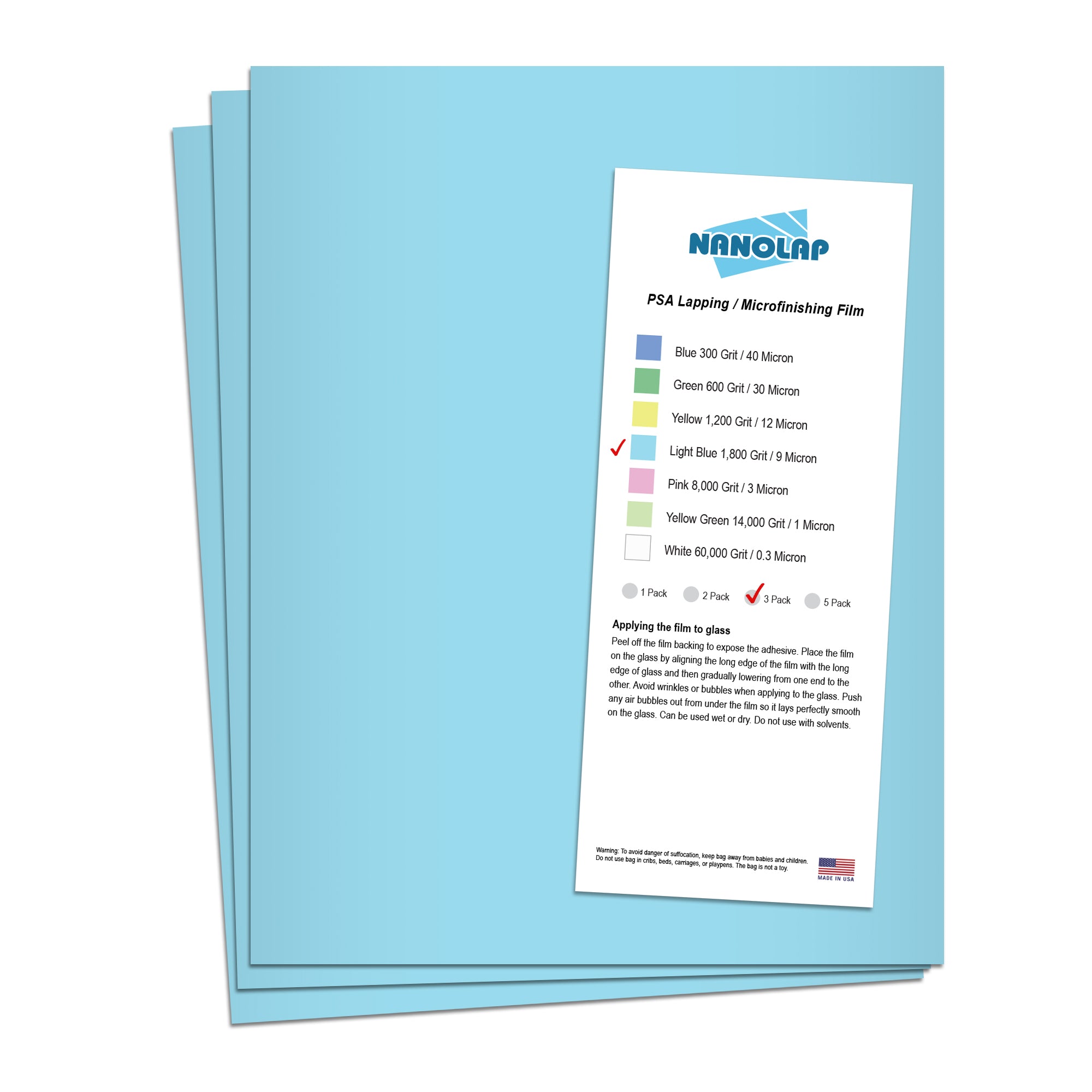 NANOLAP PSA Lapping Film 9 Micron (1,800 Grit) Adhesive Polishing Paper (3-Piece)