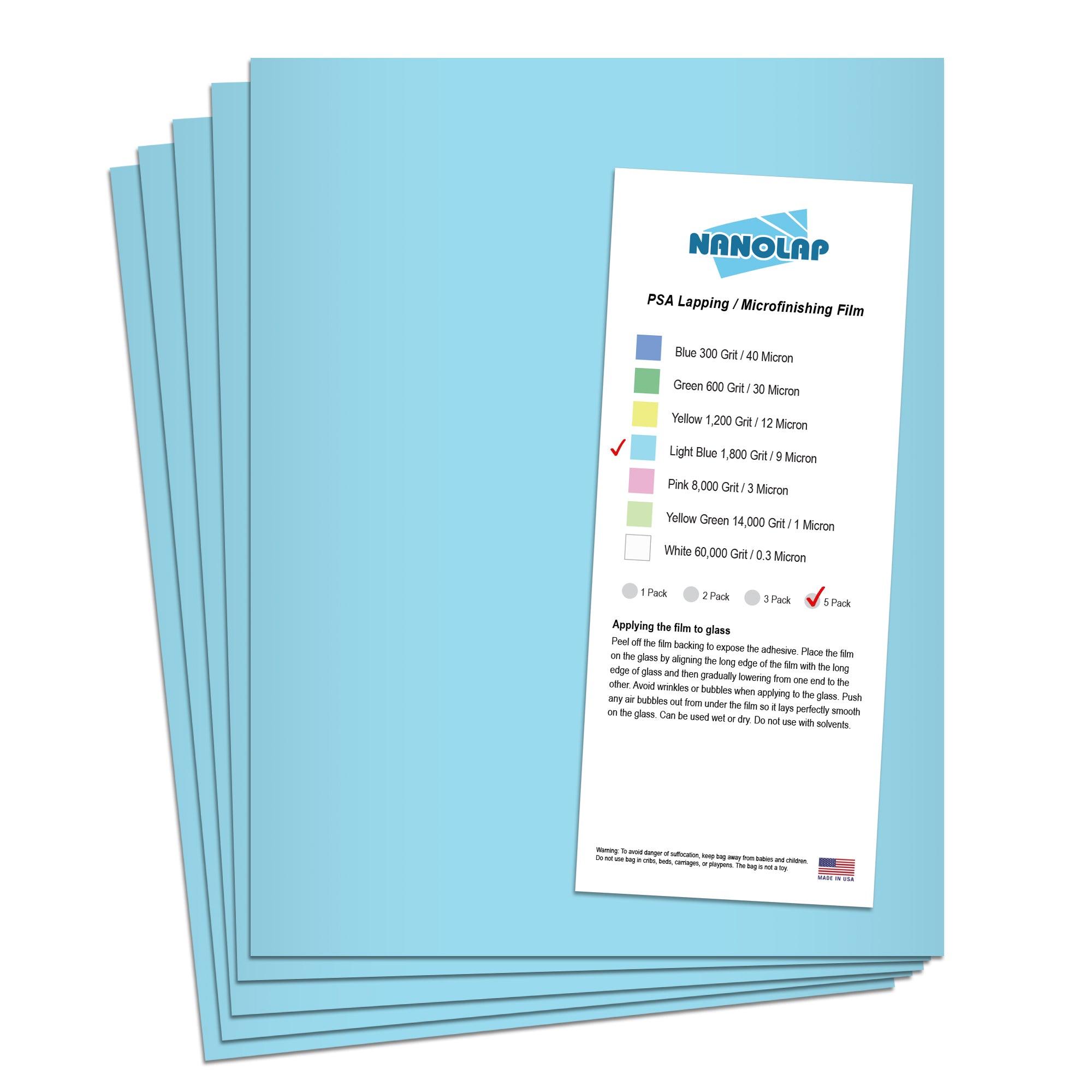 NANOLAP PSA Lapping Film 9 Micron (1,800 Grit) Adhesive Polishing Paper (5-Piece)