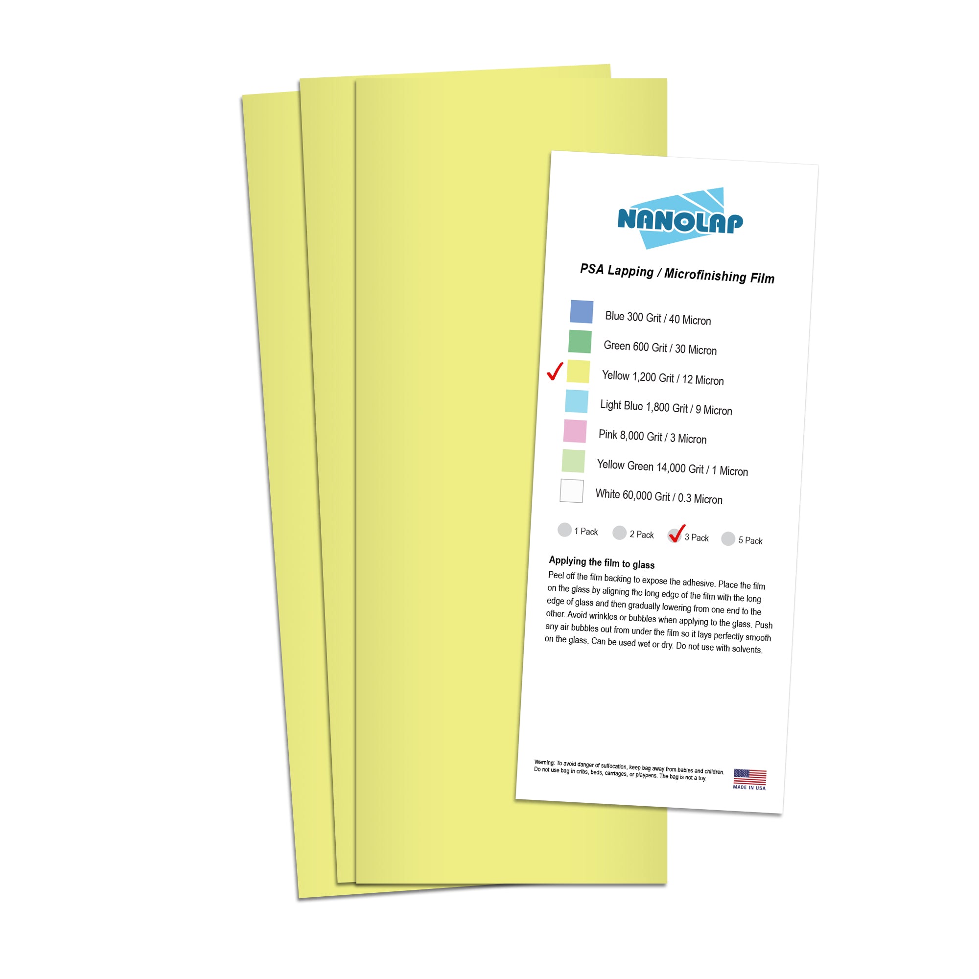 NANOLAP PSA Lapping Film 12 Micron (1,200 Grit) Adhesive Polishing Paper (3-Piece)