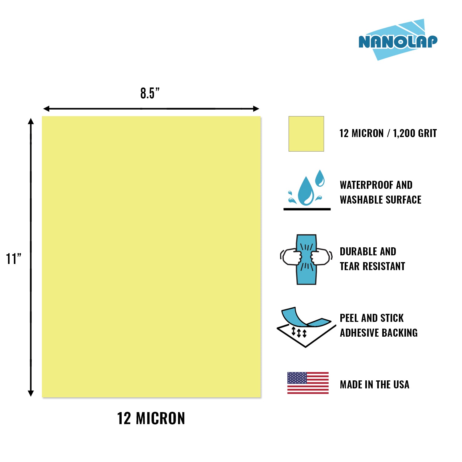 NANOLAP PSA Lapping Film 12 Micron (1,200 Grit) Adhesive Polishing Paper (2-Piece)